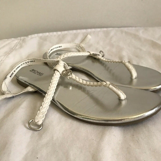 MICHAEL KORS White/Silver Braided T-Strap Sandal