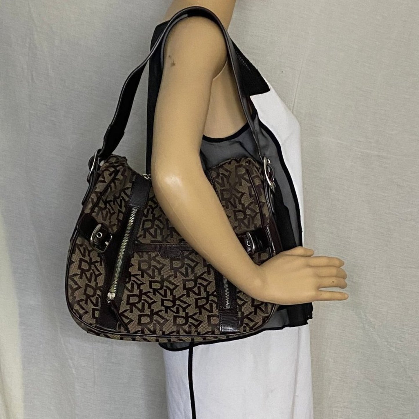 DKNY Brown Tan All Over Logo Fabric Hobo Bag