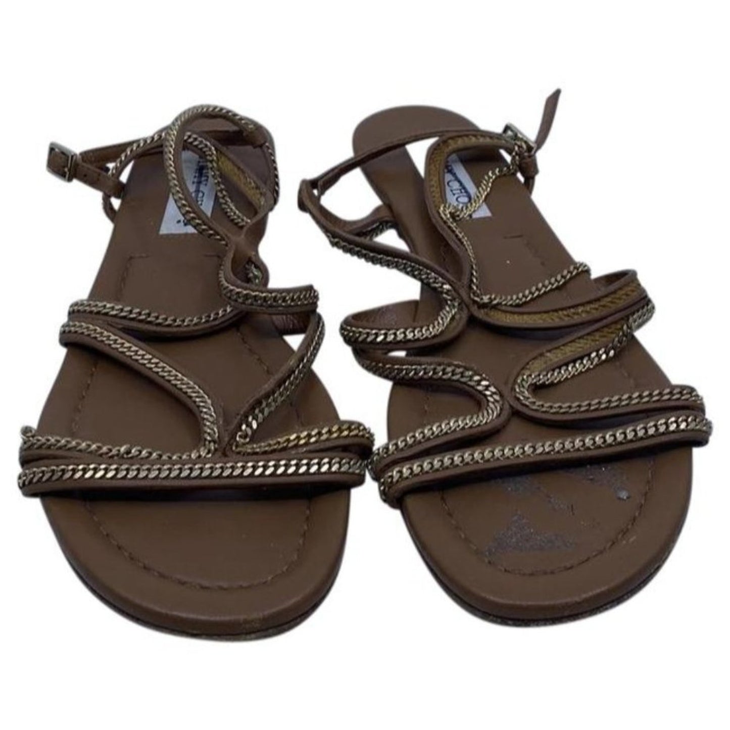 Jimmy Choo Brown Nickel Flat Tan Leather With Chain Sandals Size Eu