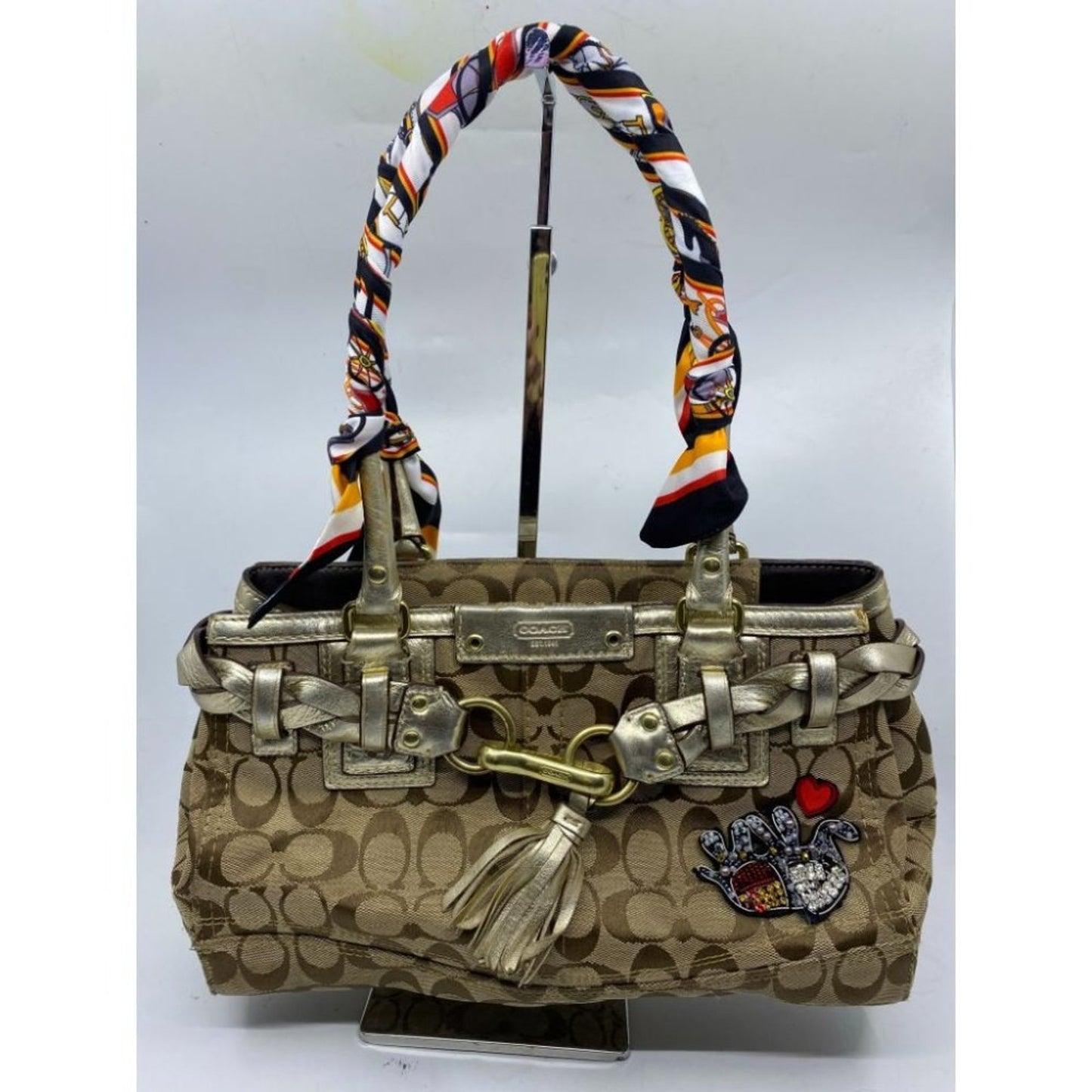 Coach Tan Silver Hand Bag Customized Embellishment
