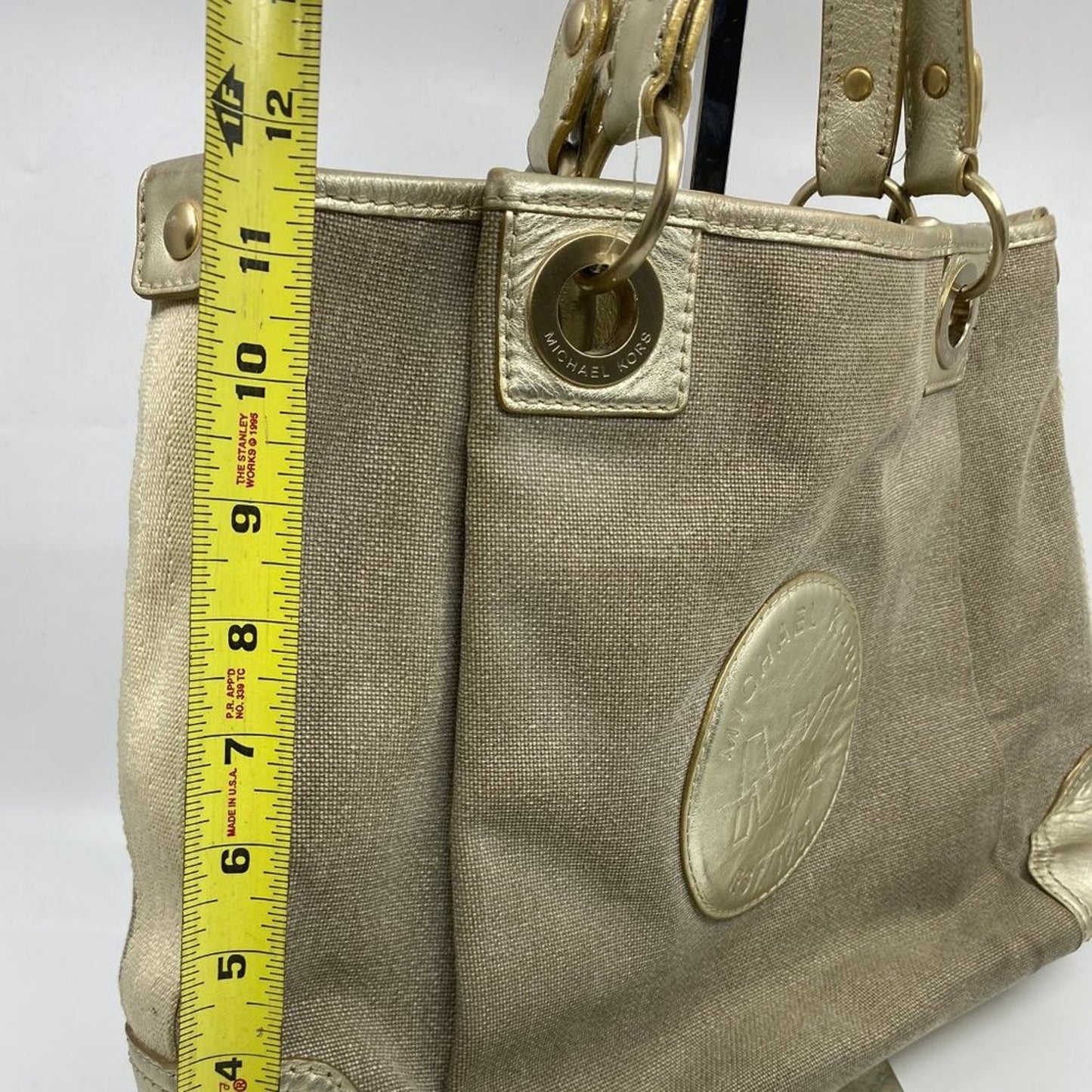 Michael Kors M Tan Interwoven Canvas Shoulder Bag