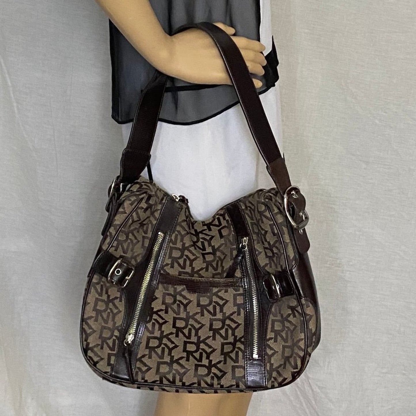 DKNY Brown Tan All Over Logo Fabric Hobo Bag