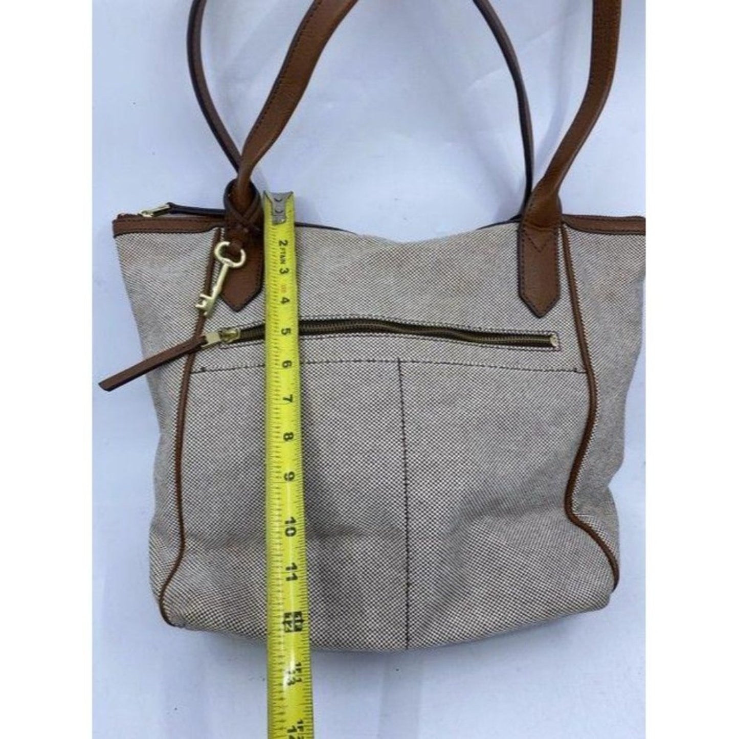 Fossil Tote Brown White Nylon Fabric Shoulder Bag