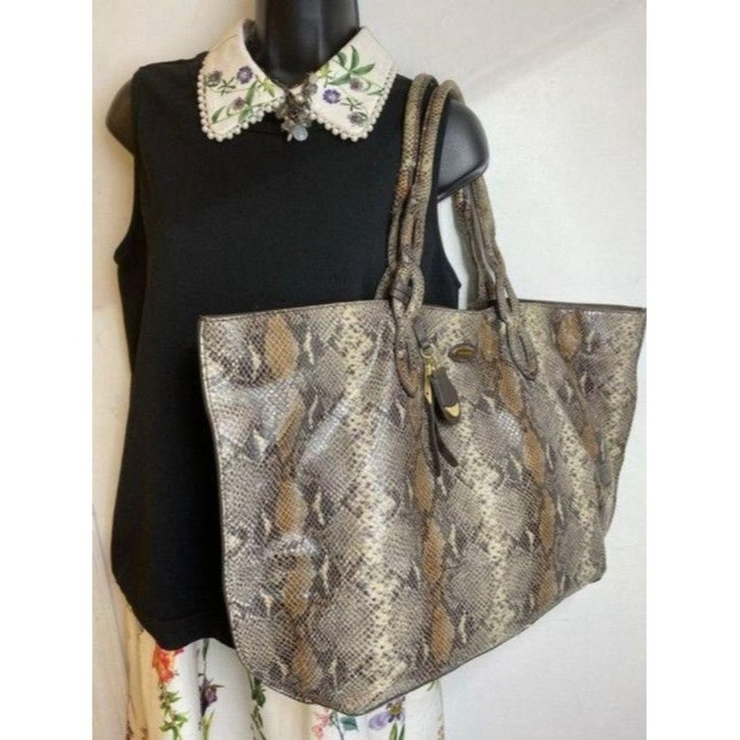 Elie Tahari Snake Print Brown Beige Leather Shoulder Bag