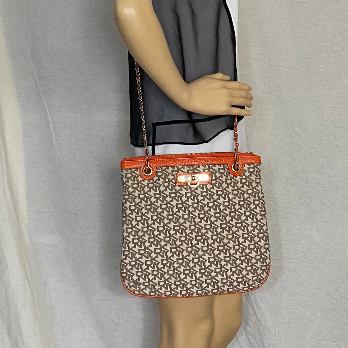 DKNY Tan Orange All Over Logo Fabric Shoulder Bag