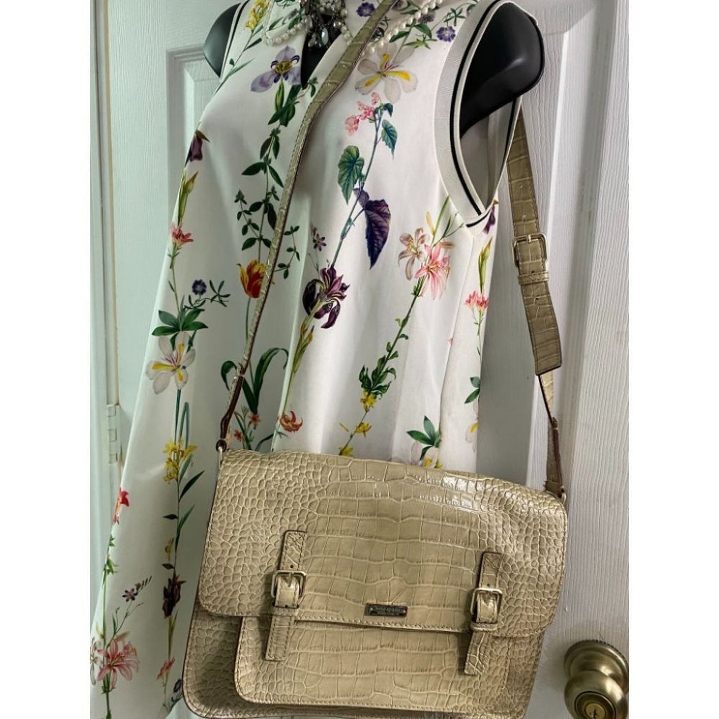 KATE SPADE Tan Patent Croc Embossed Messenger Bag