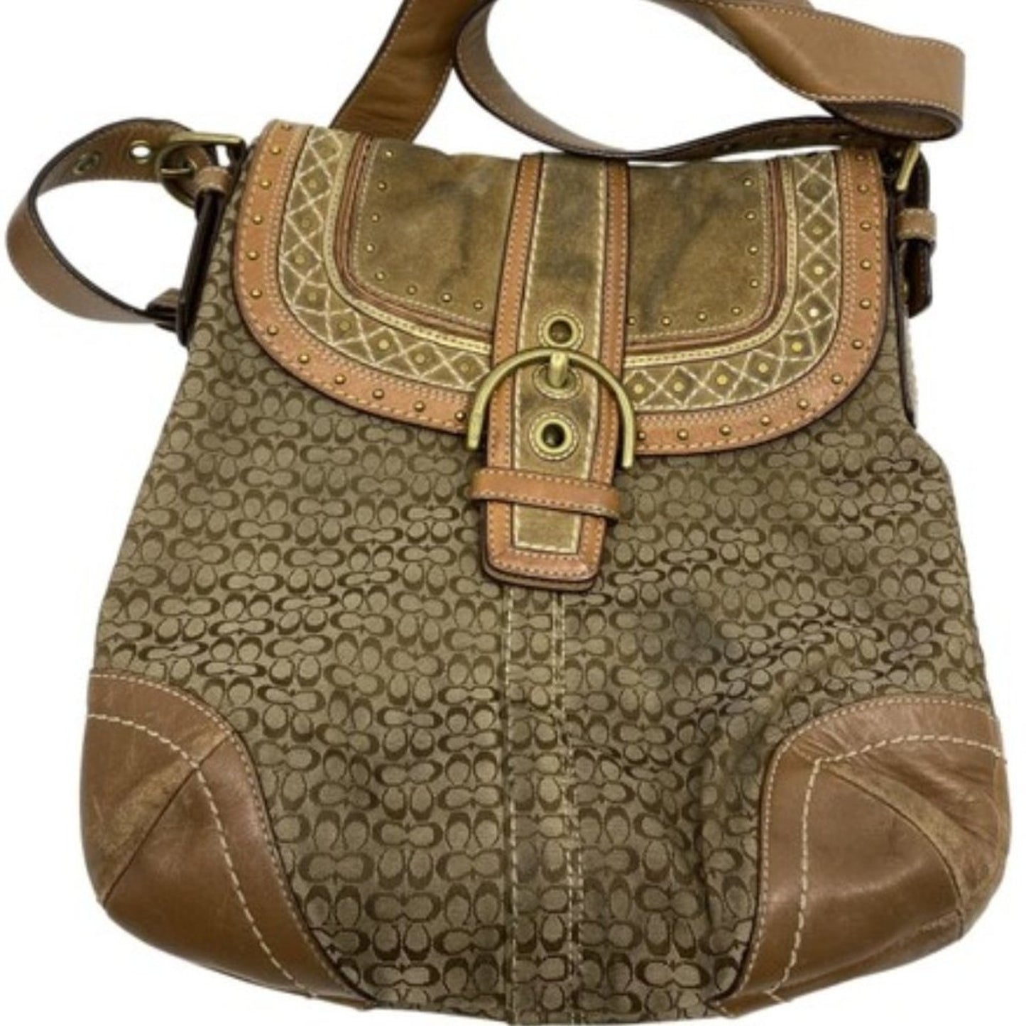 COACH XL Tan Brown Jacquard Fabric Crossbody Bag