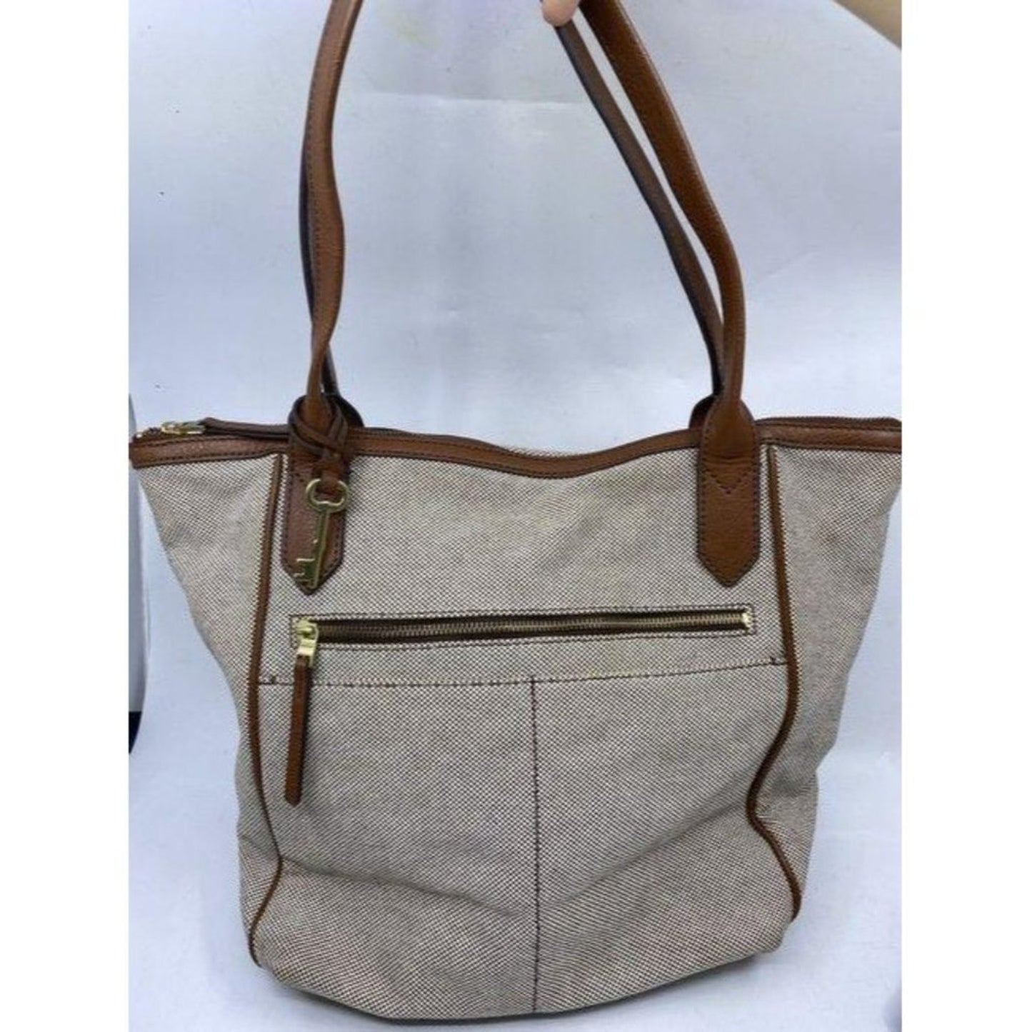 Fossil Tote Brown White Nylon Fabric Shoulder Bag