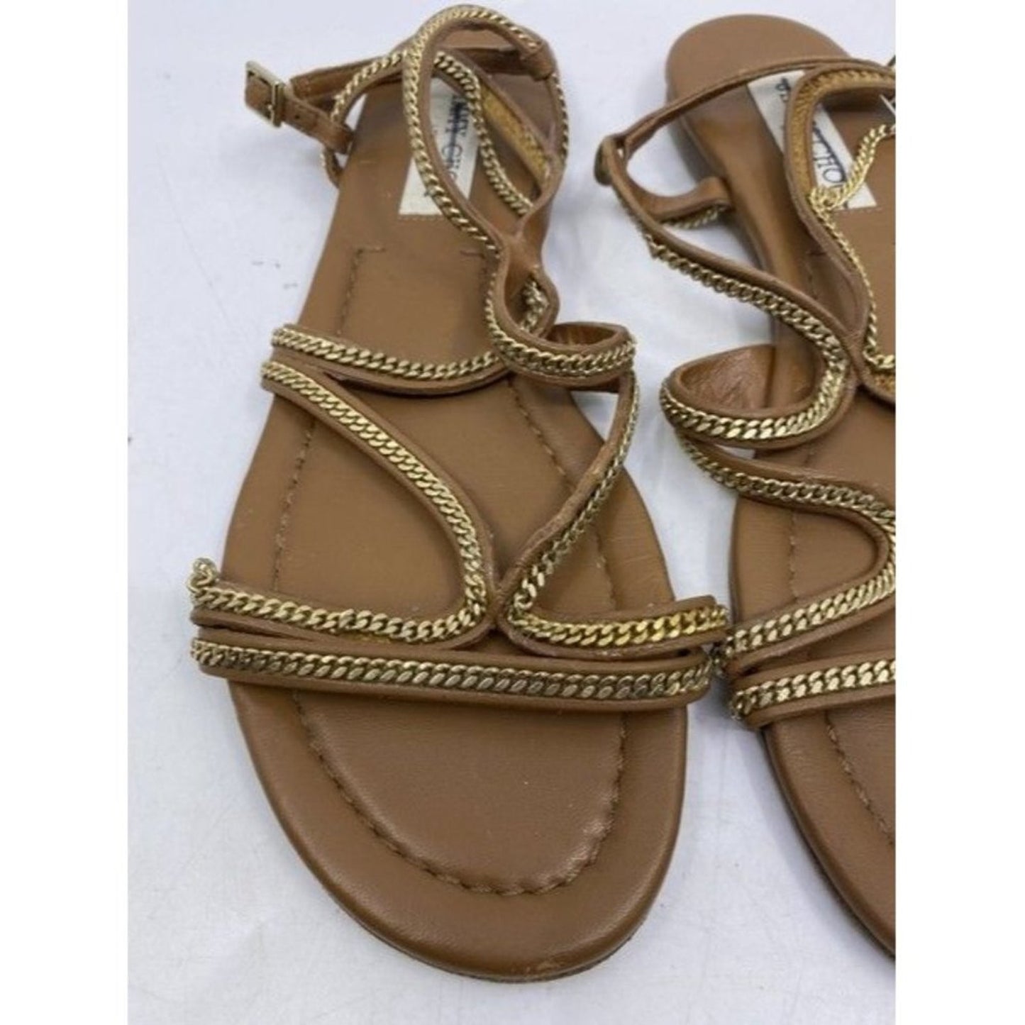 Jimmy Choo Brown Nickel Flat Tan Leather With Chain Sandals Size Eu