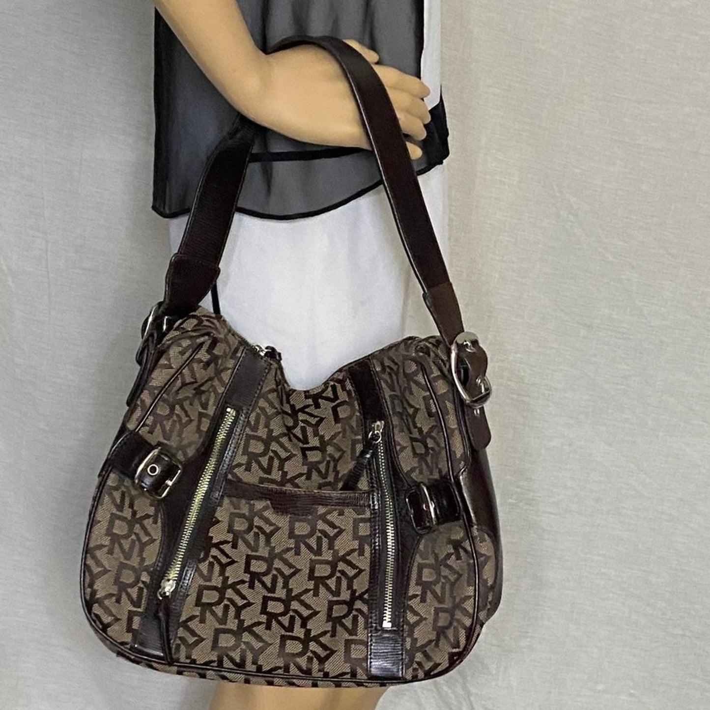 DKNY Brown Tan All Over Logo Fabric Hobo Bag