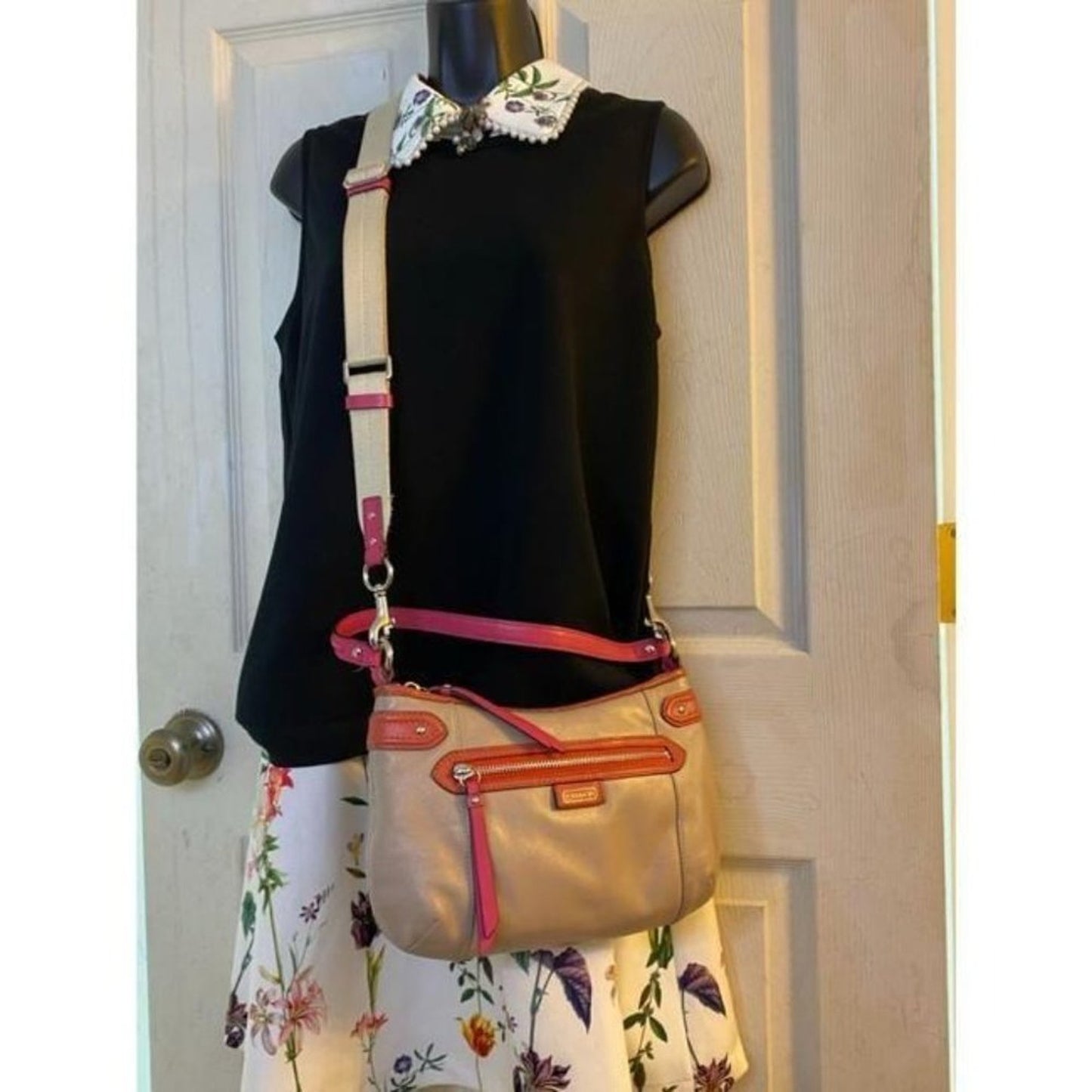 coach medium w adjustable strap tan pink leather c