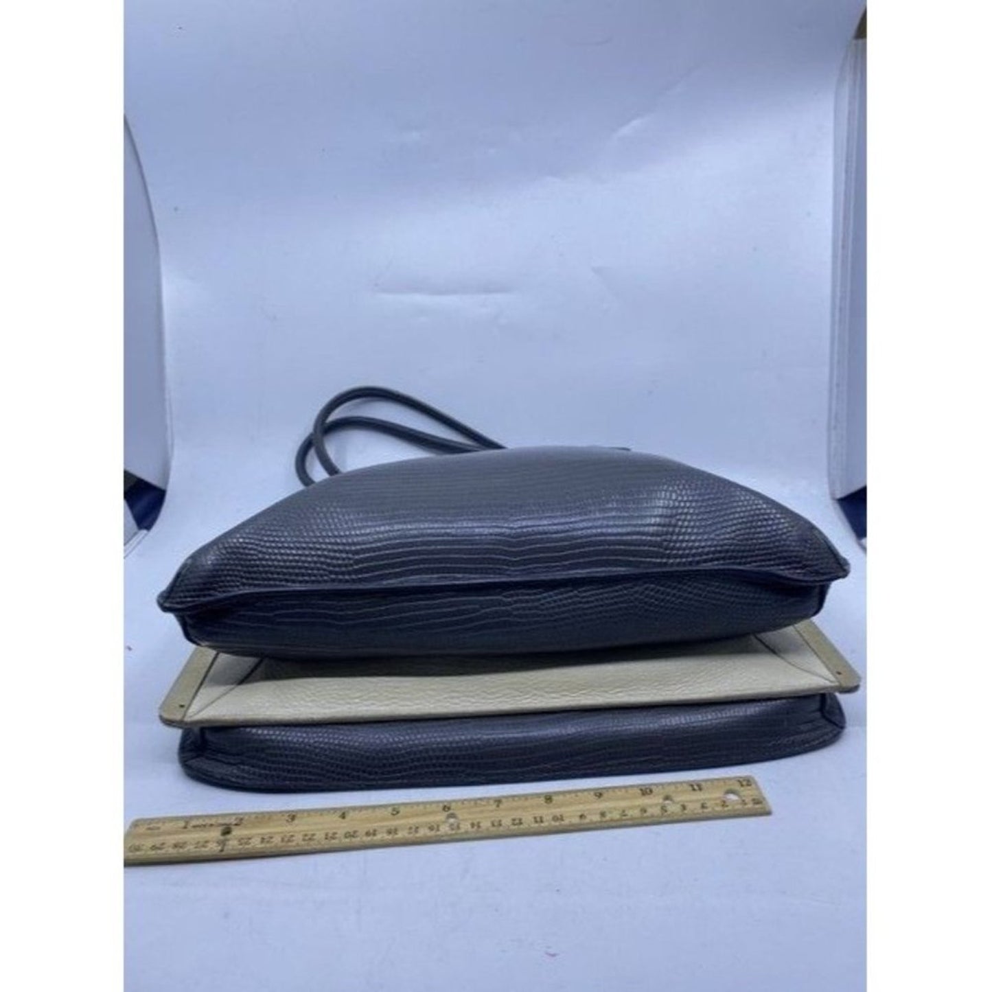 Furla Unique Vintage Snake Print Metal Side Supports Gray Leather Tote