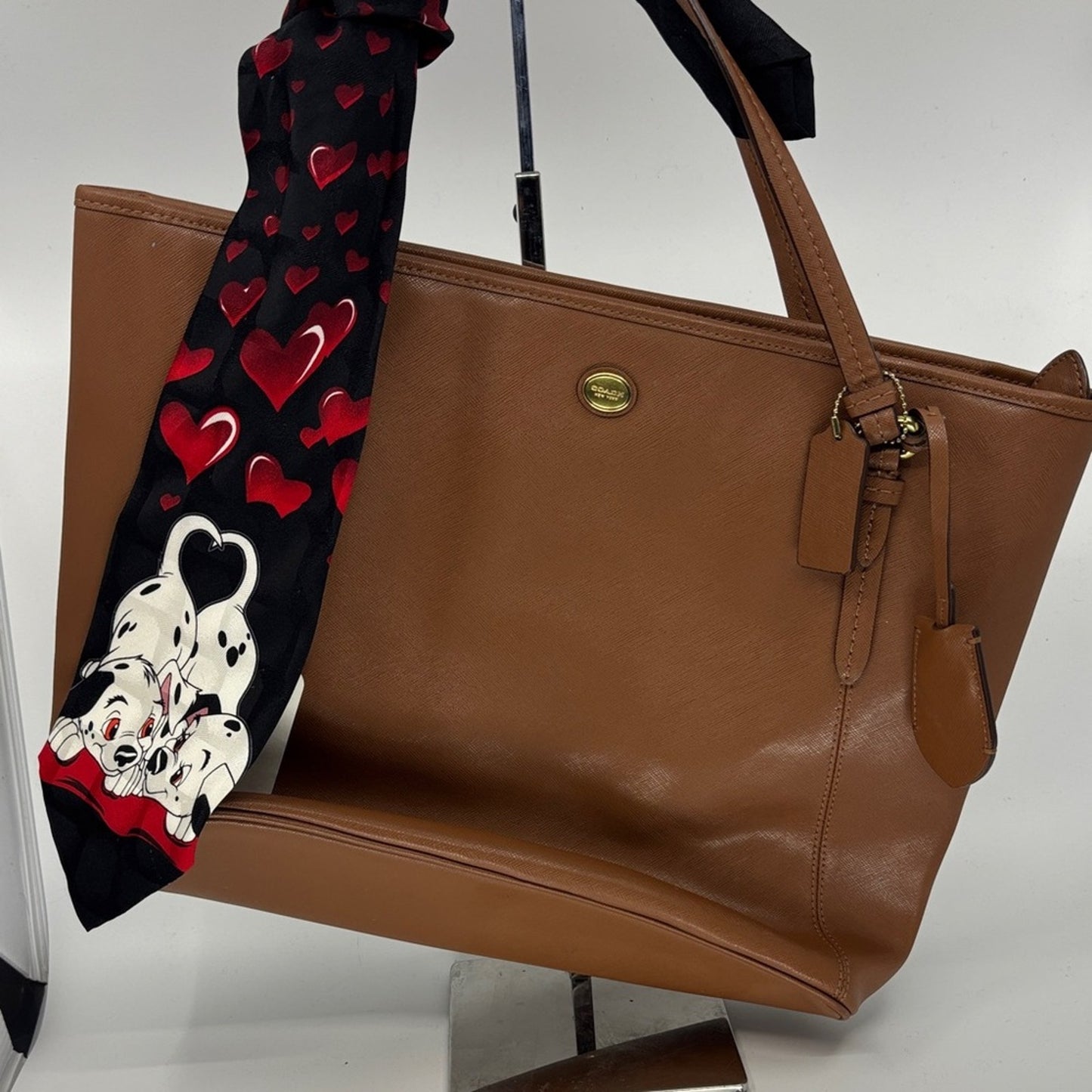 Coach Tan Leather Tote with Heart Scarf