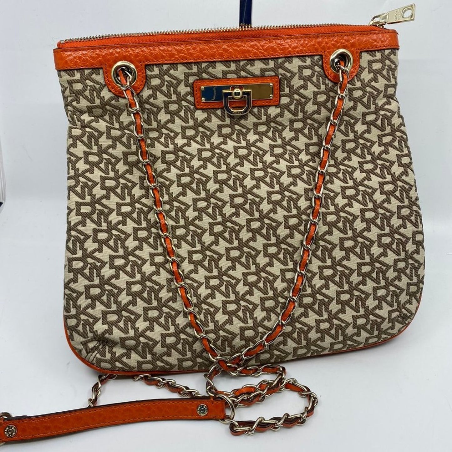 DKNY Tan Orange All Over Logo Fabric Shoulder Bag