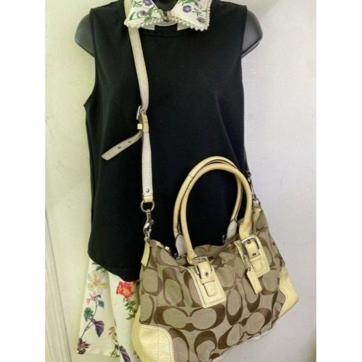 coach bag cream black fabric tote