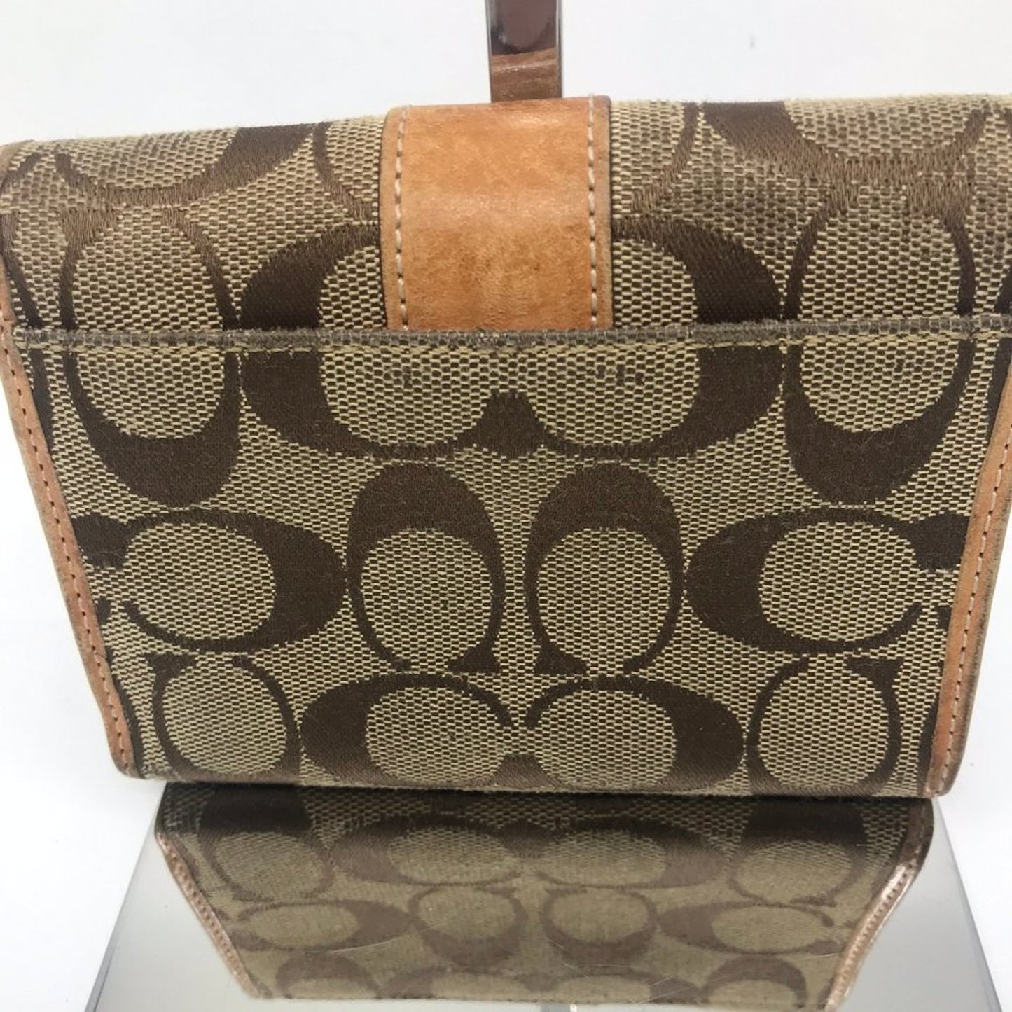 COACH Leather Fabric Combo Brown Tri Fold Wallet