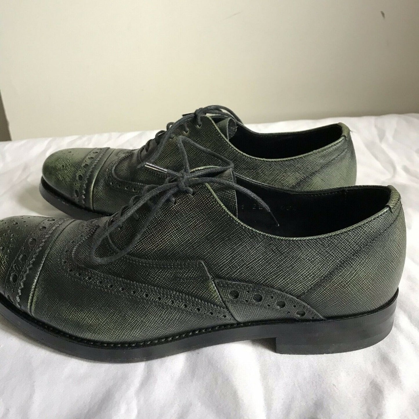 PRADA Olive Grained Leather Oxford Shoes Mens 6/ W