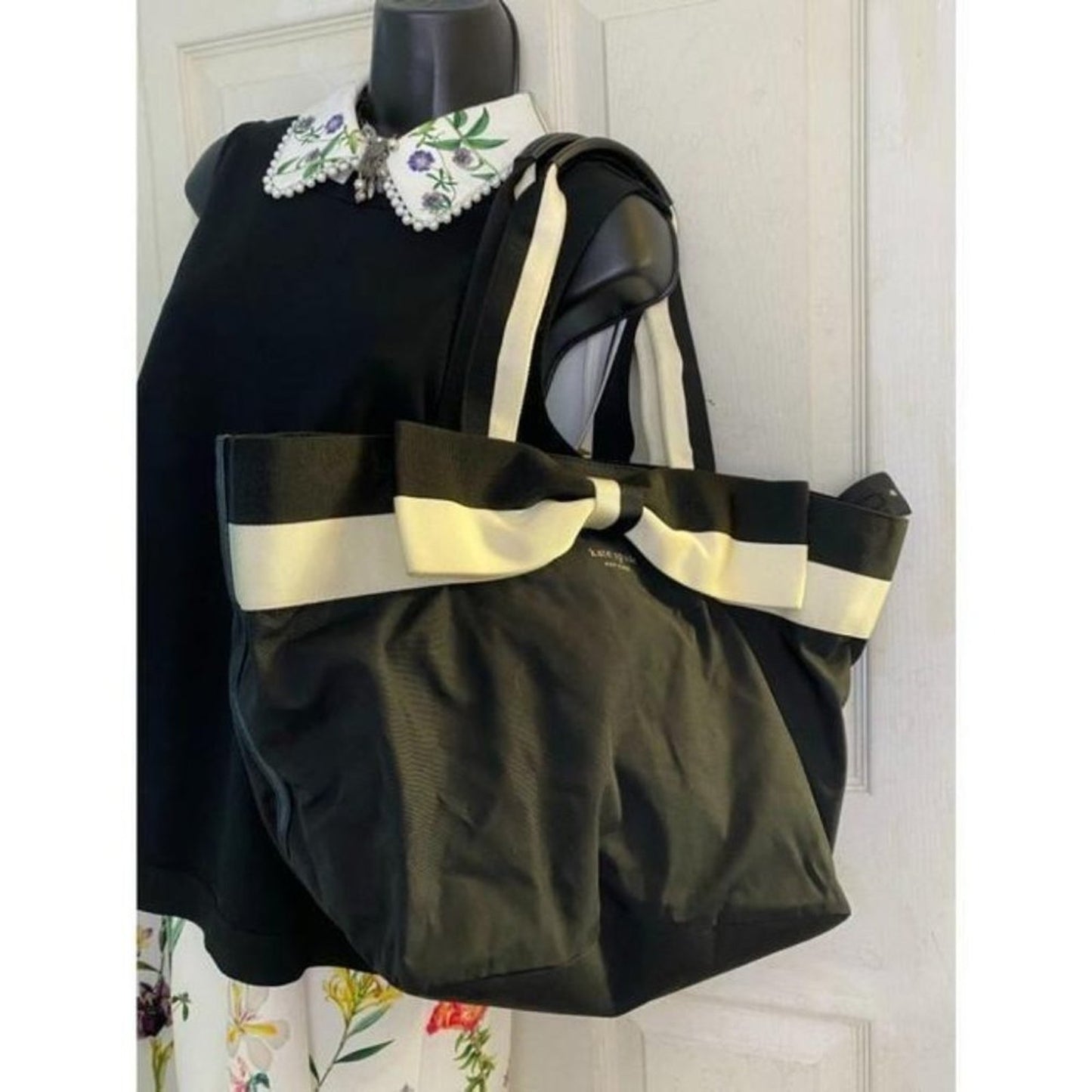kate spade shopping large cream black nylon tote