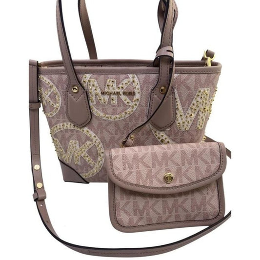 Michael Kors Brooklyn Eva Studded With Pouch Smokey Rose Embossed Pebble…