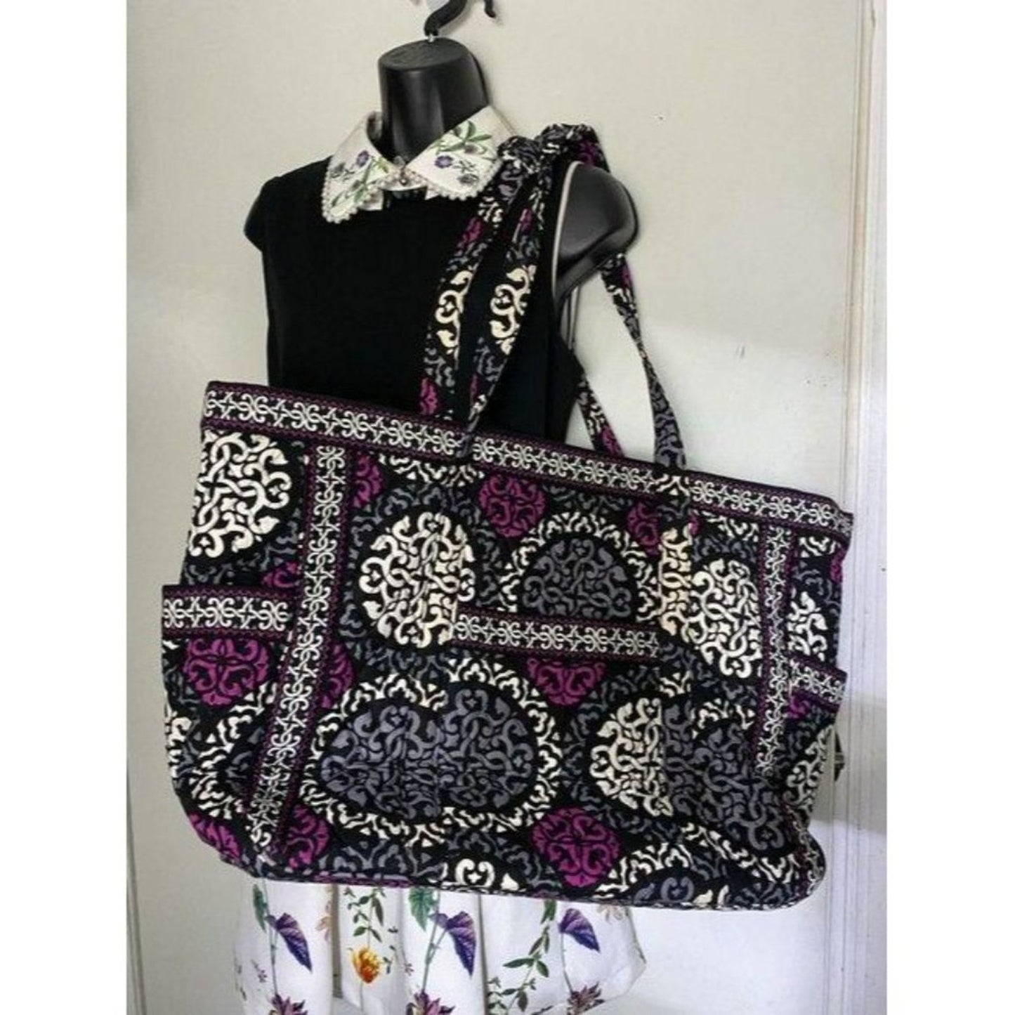 vera bradley bag quilted black purple white fabric