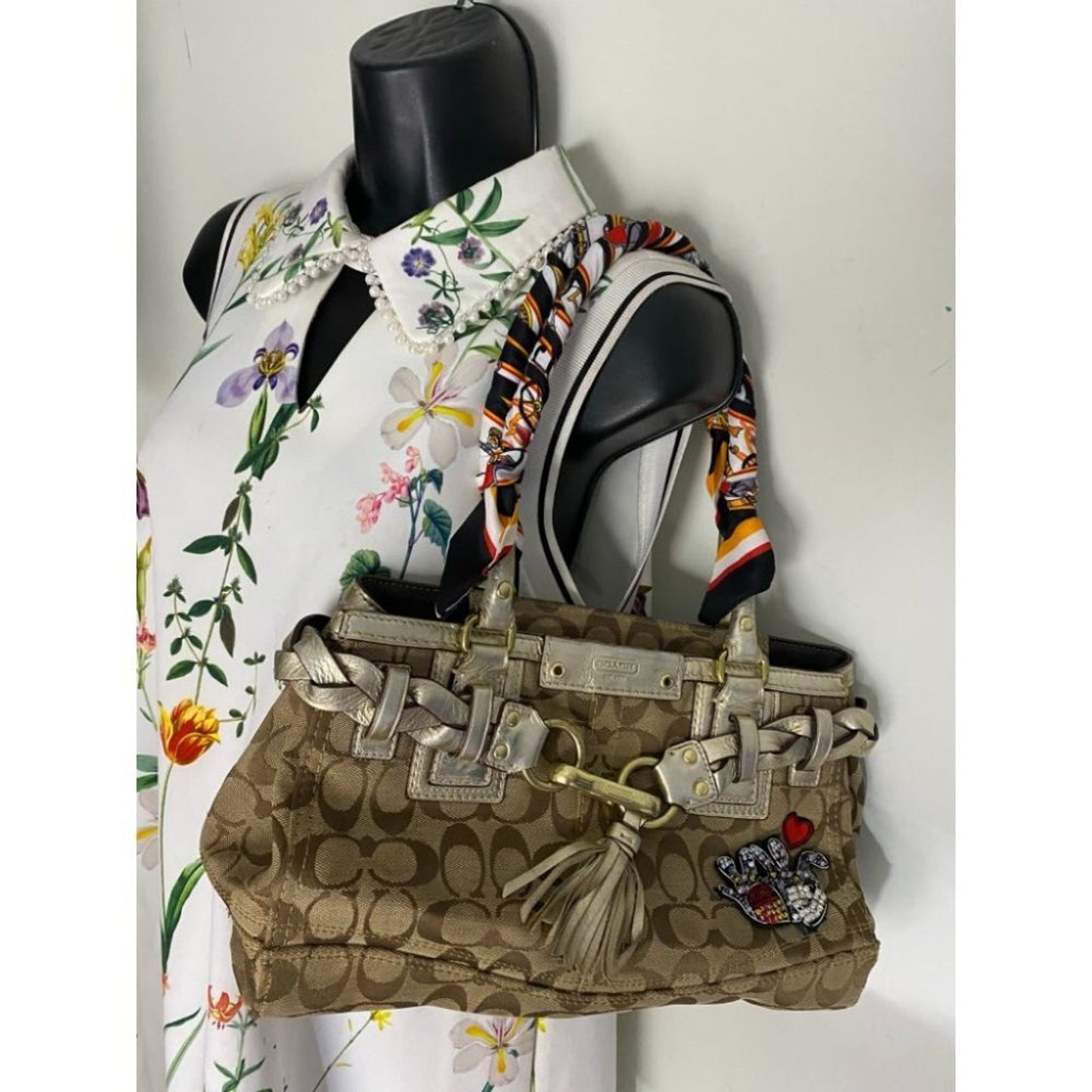 Coach Tan Silver Hand Bag Customized Embellishment
