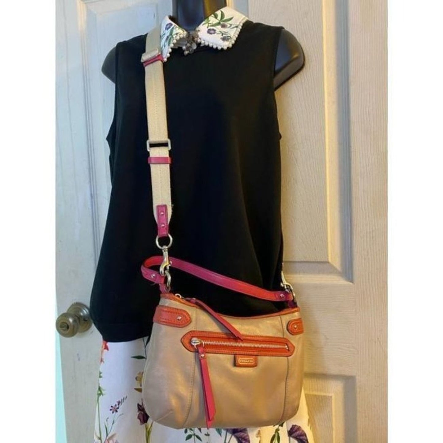 coach medium w adjustable strap tan pink leather c