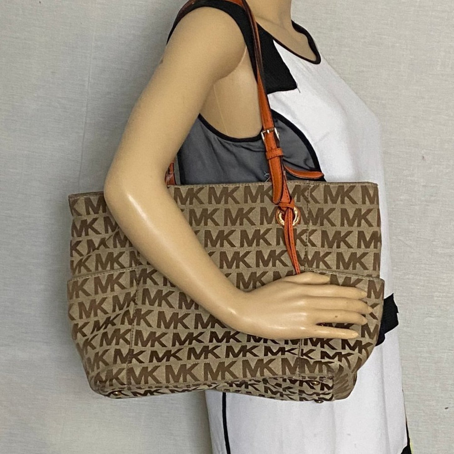 Michael Kors L Tan Orange Jacquard Fabric Tote