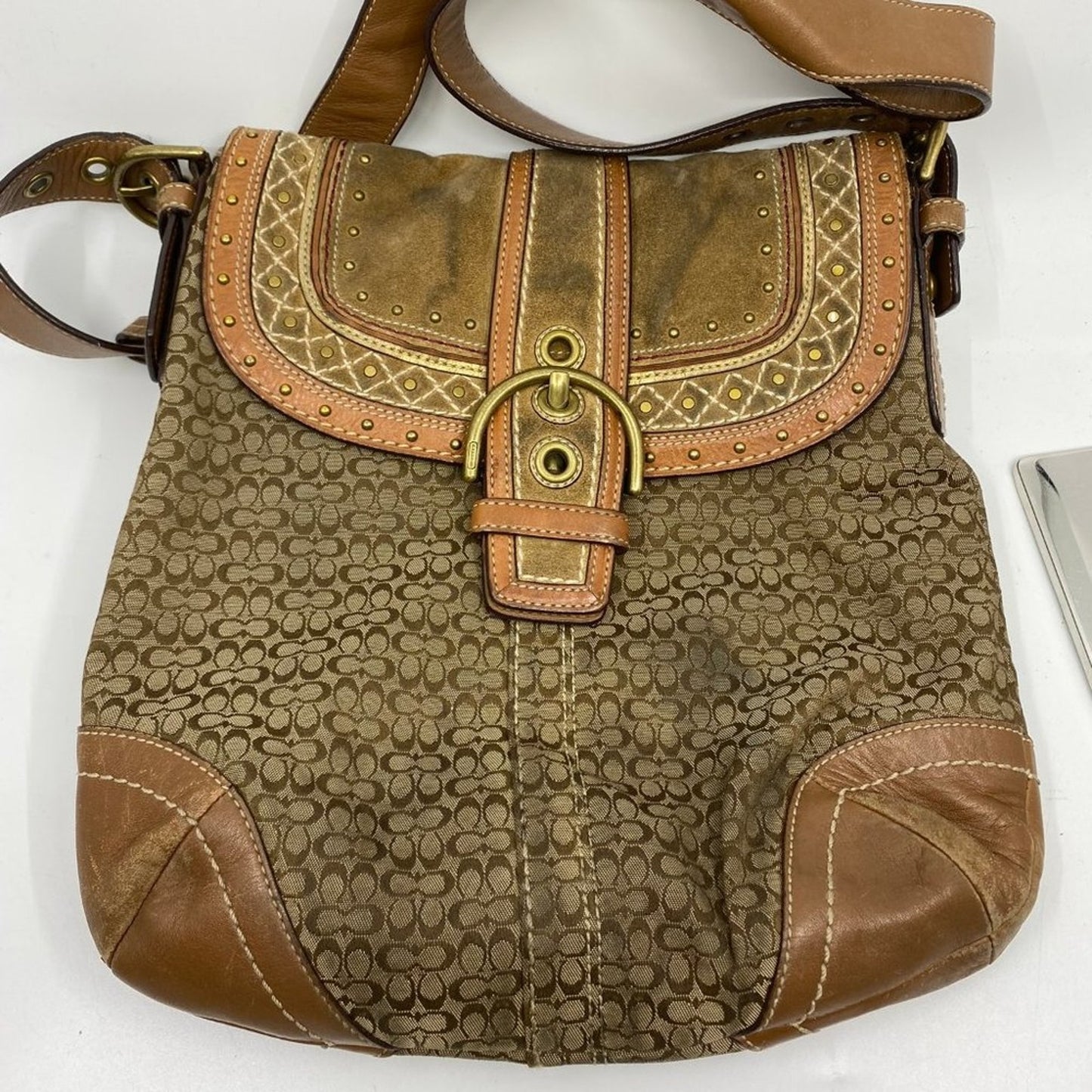 COACH XL Tan Brown Jacquard Fabric Crossbody Bag