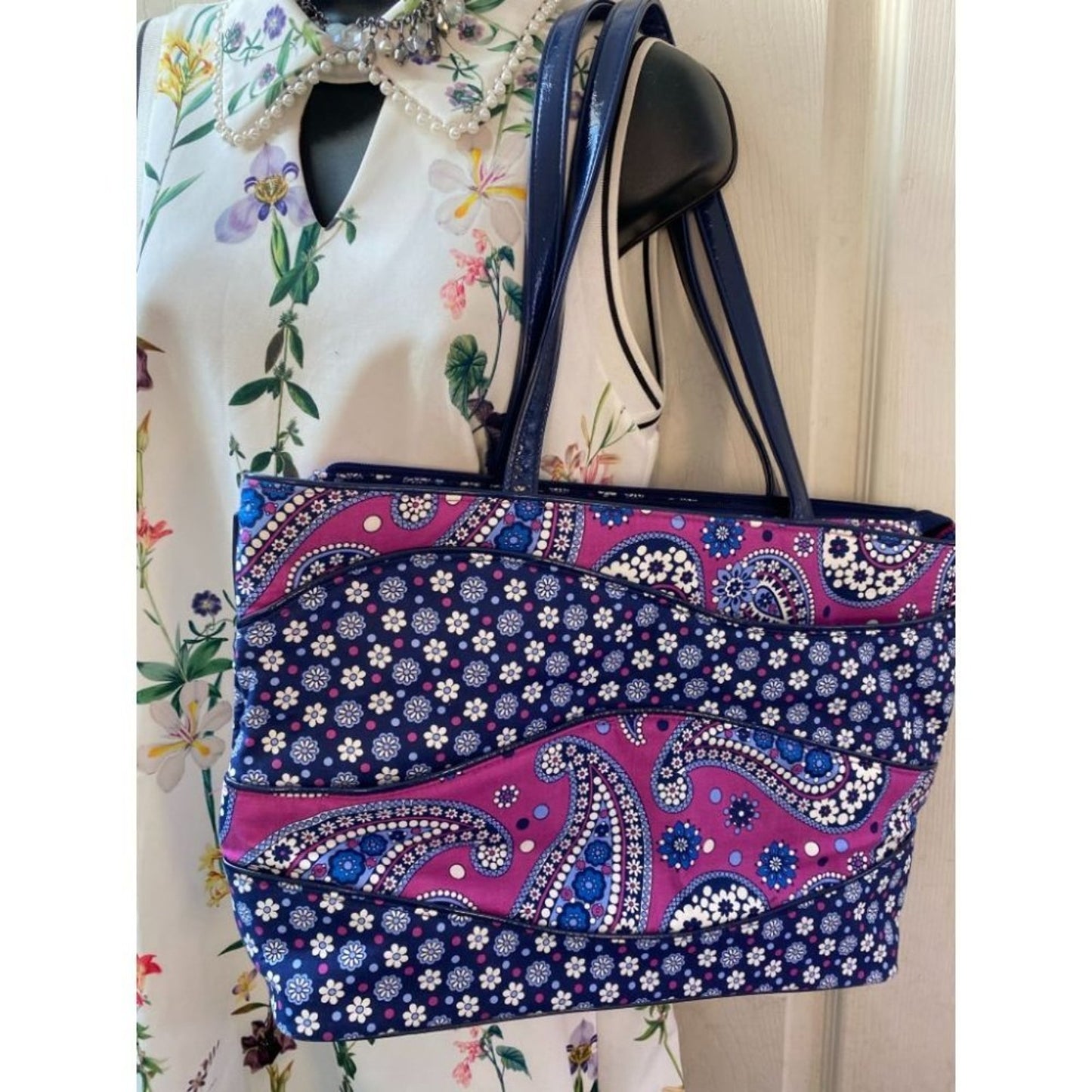 Vera Bradley Blue Pink Quilted Fabric Tote Bag