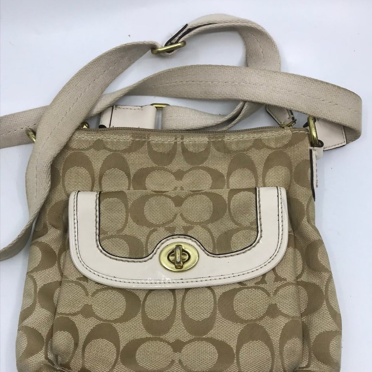 COACH Tan Cream Jacquard Fabric CrossBody Bag