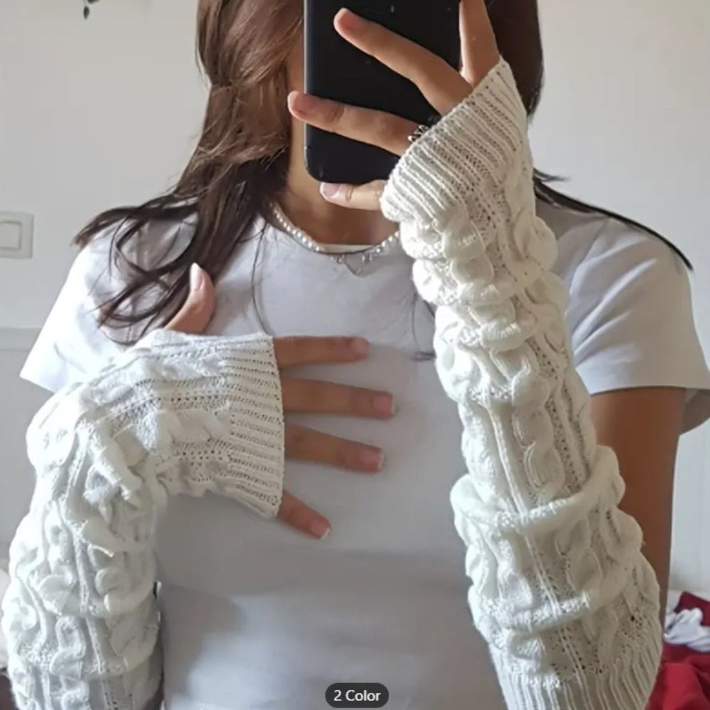 Ribbed Knitted Mid-length Gloves Warm Sleeves Solid Color Elastic Finger…