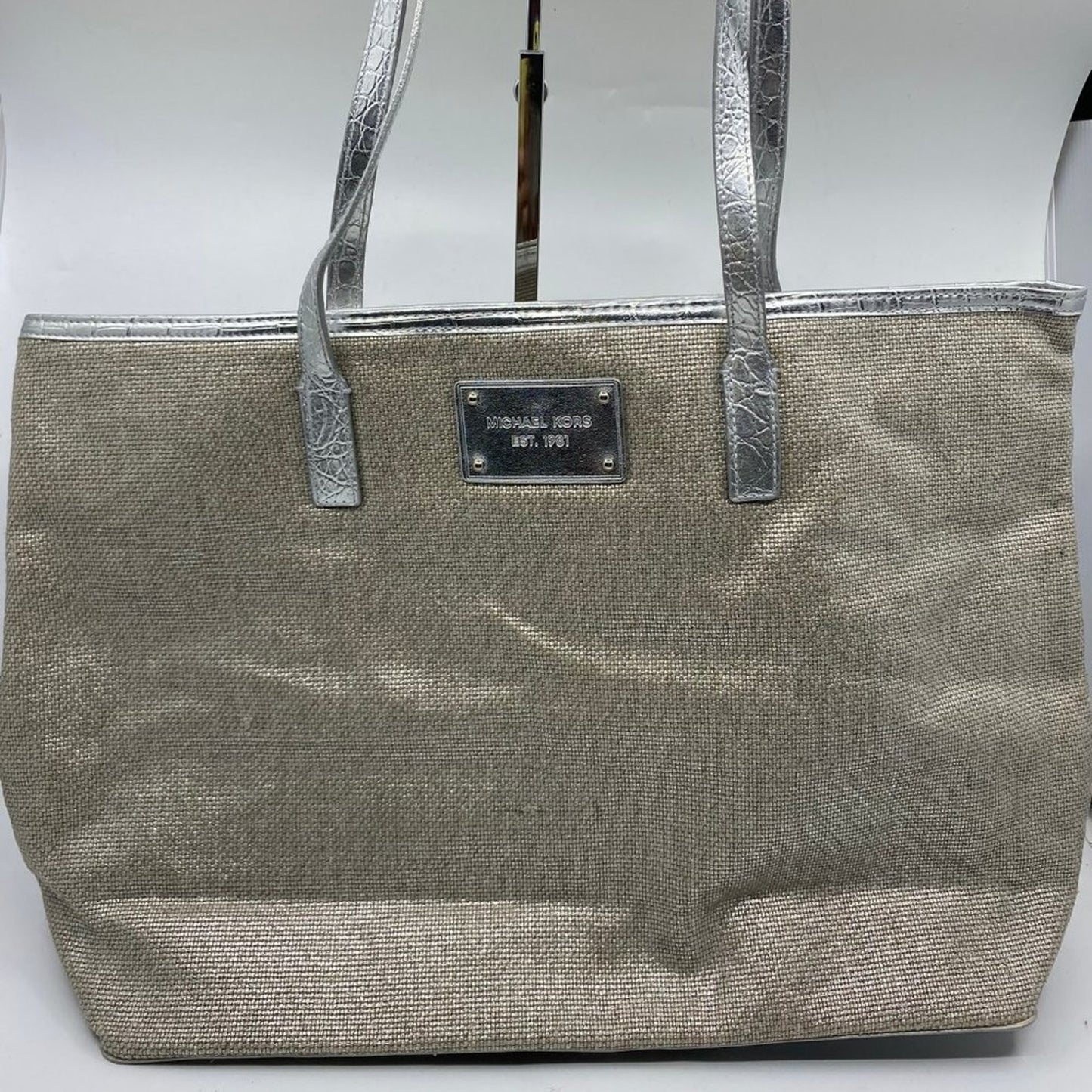 Michael Kors M Tan Interwoven Canvas Shoulder Bag