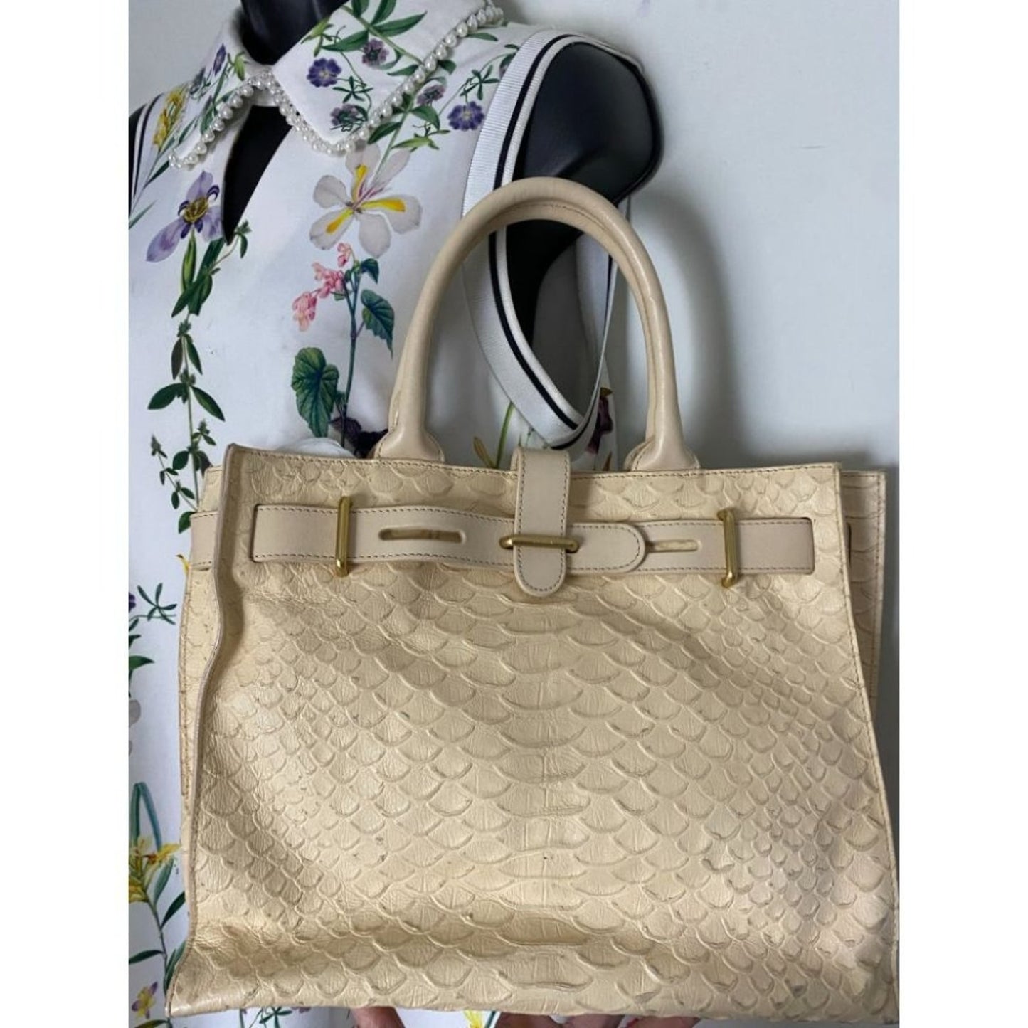 FURLA Croc Embossed Beige Leather Handbag