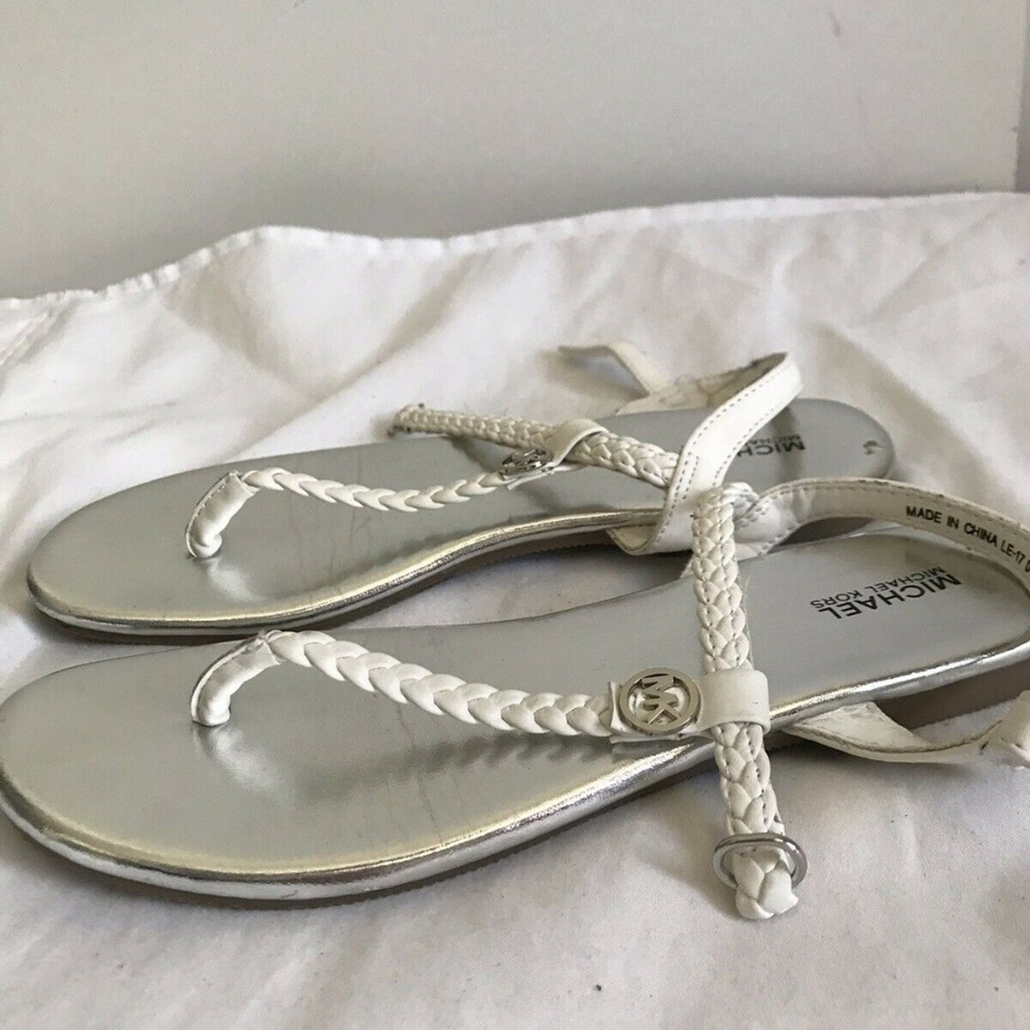 MICHAEL KORS White/Silver Braided T-Strap Sandal