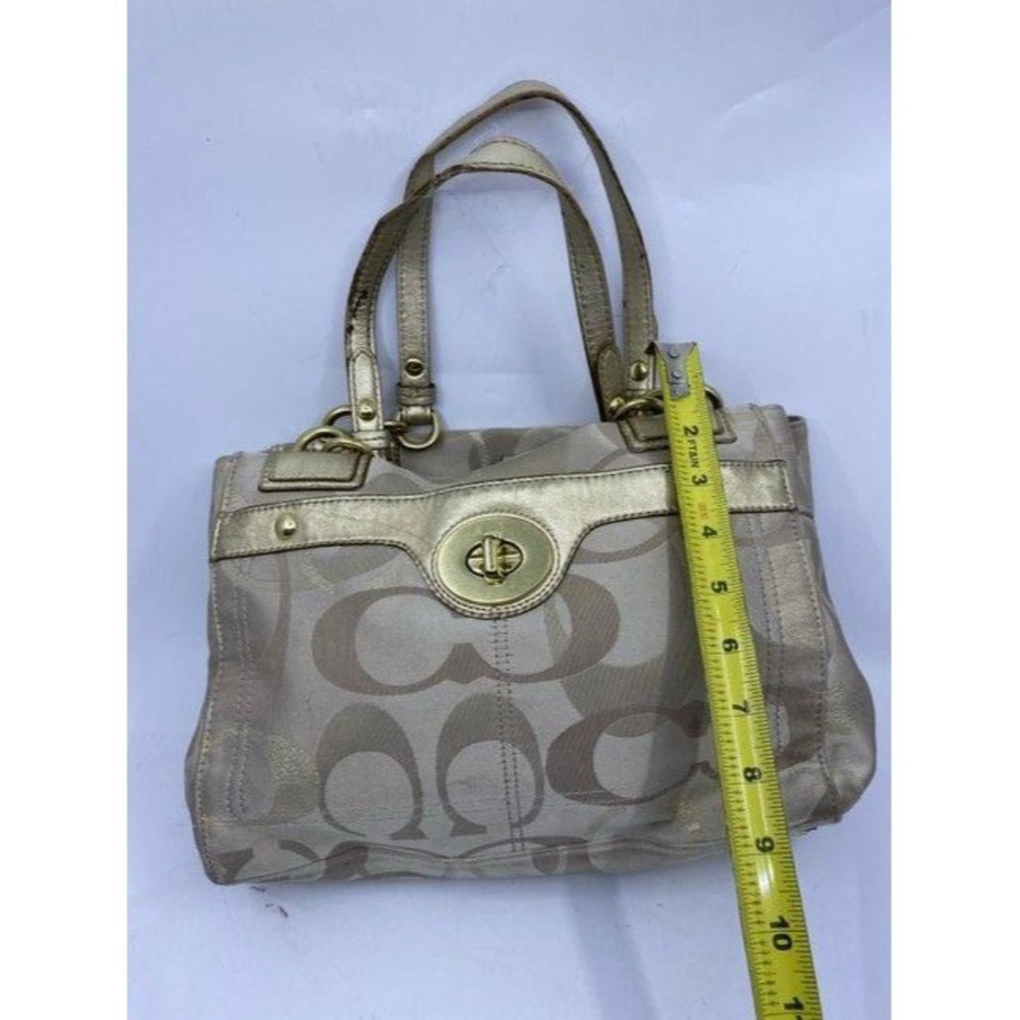 coach large gray gold fabric shoulder bag