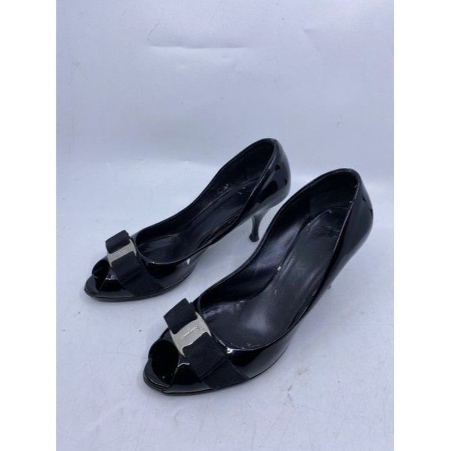 Salvatore Ferragamo Black Ribes Open Toe Bow Pumps Size Us