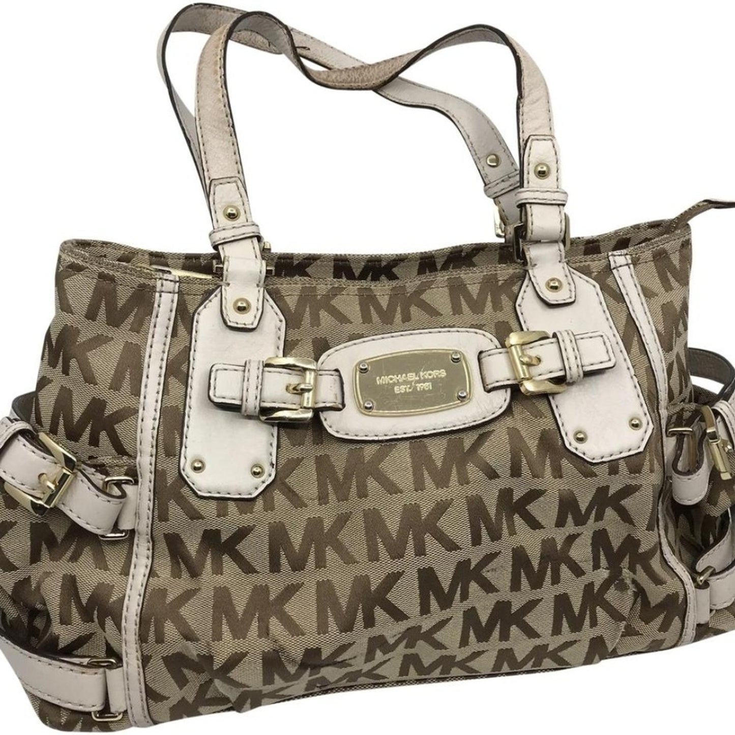 MICHAEL KORS White/Tan Jacquard Fabric Shoulder Ba