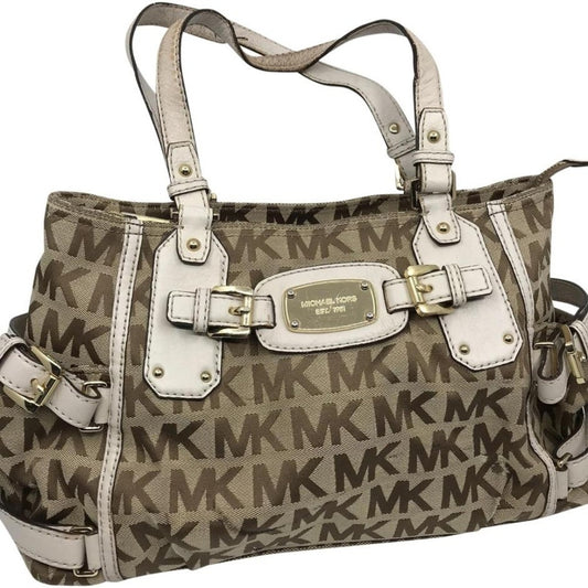 MICHAEL KORS White/Tan Jacquard Fabric Shoulder Ba