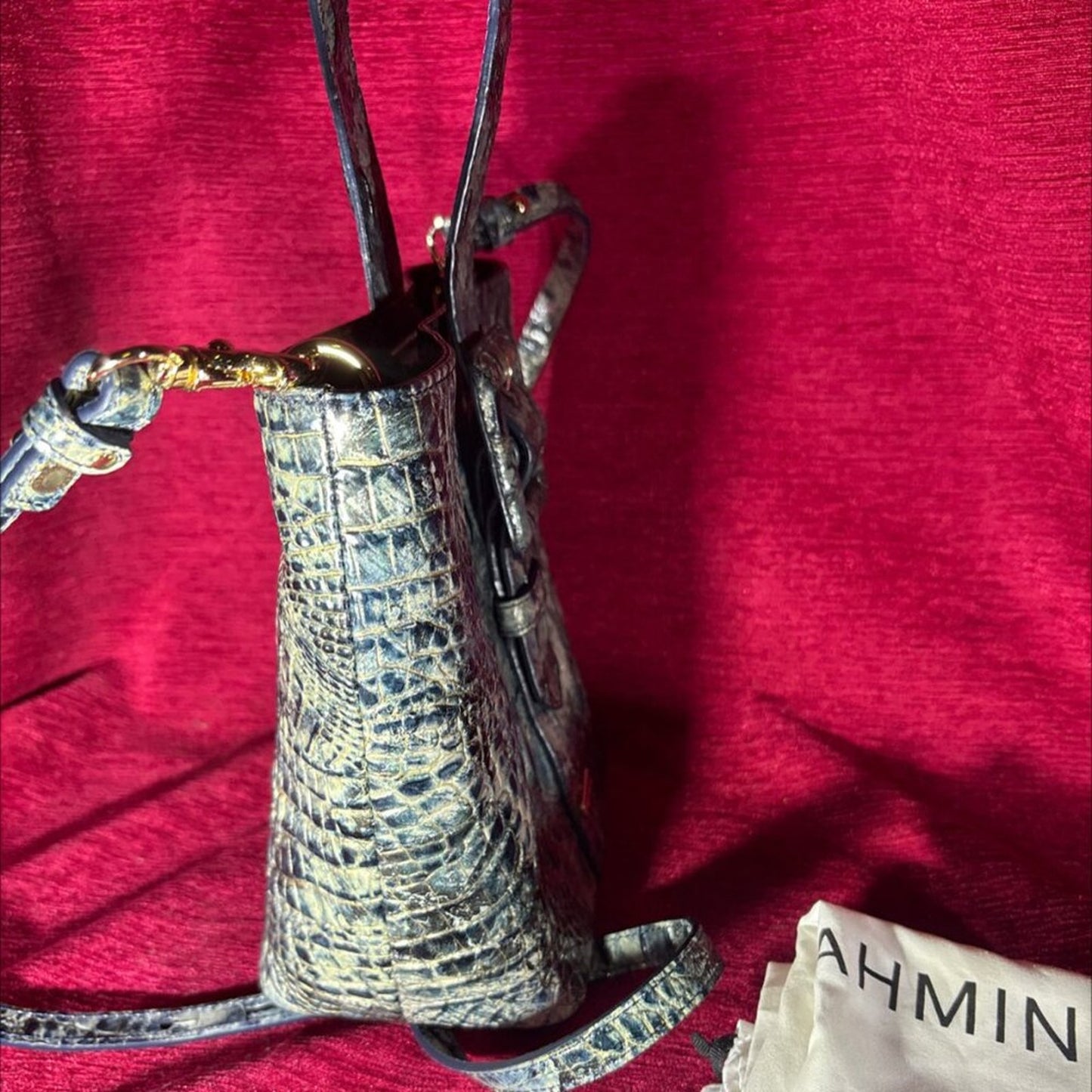 NWOT Brahmin Blue Crocodile Embossed Leather Bucket Bag