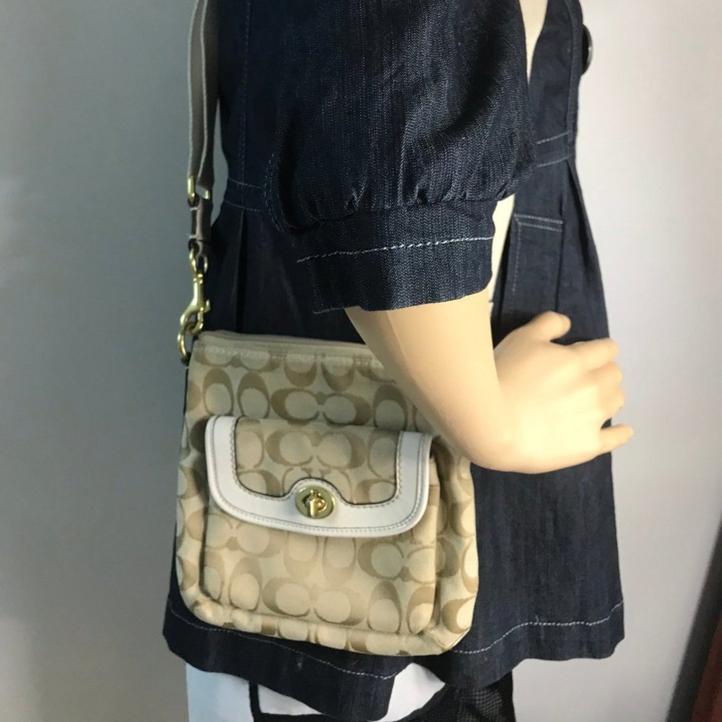 COACH Tan Cream Jacquard Fabric CrossBody Bag
