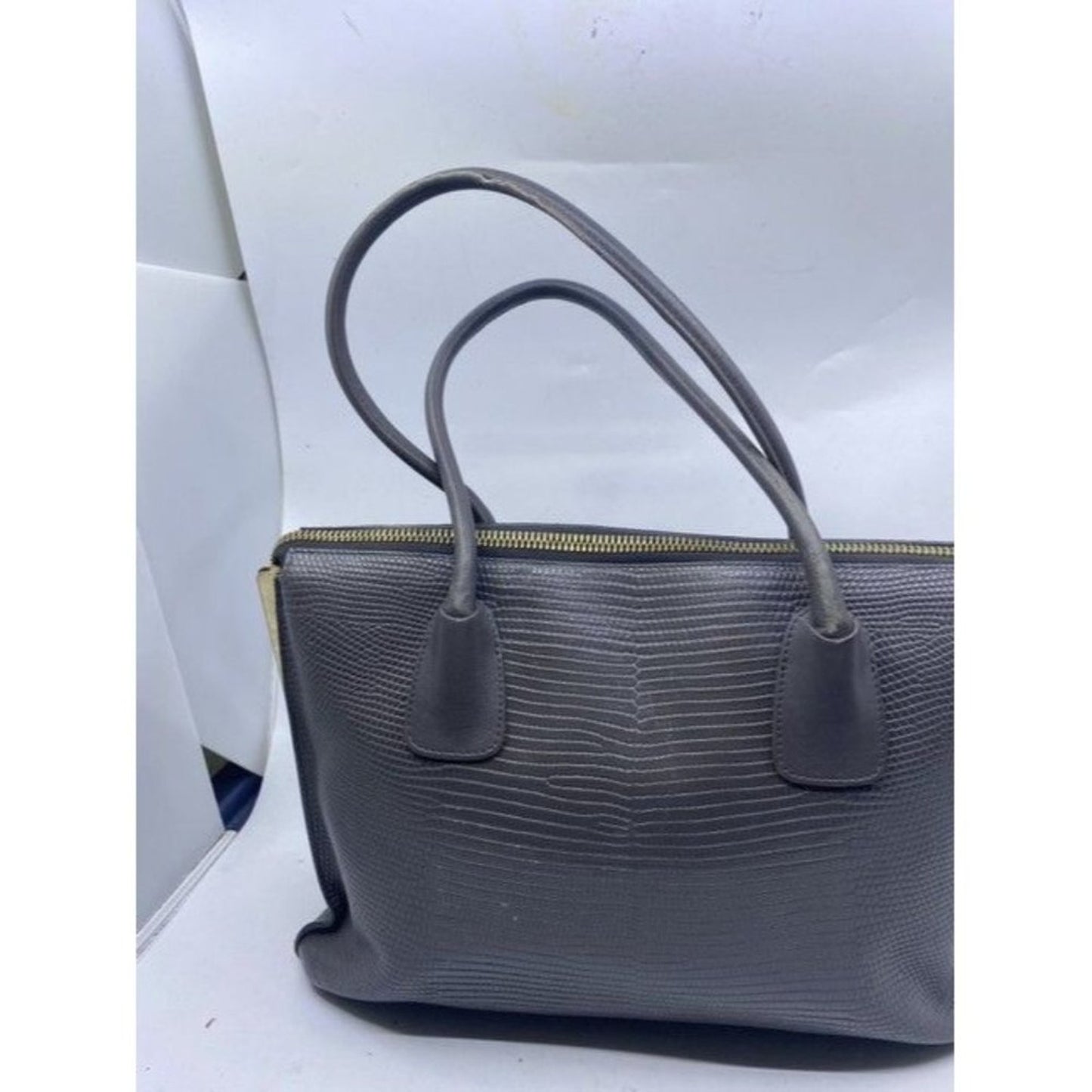 Furla Unique Vintage Snake Print Metal Side Supports Gray Leather Tote