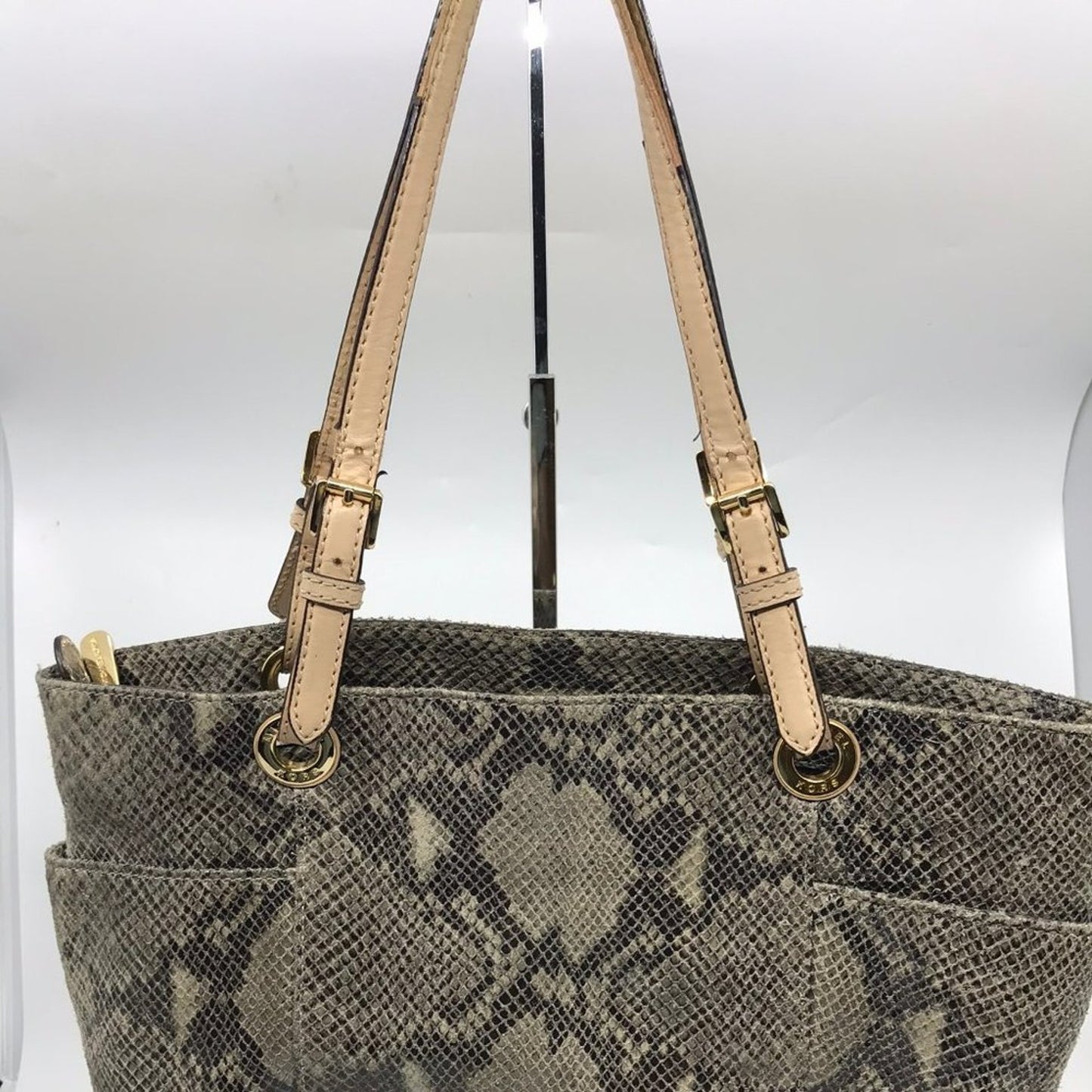 Michael Kors Gray Tan Snake Print Leather Tote Bag