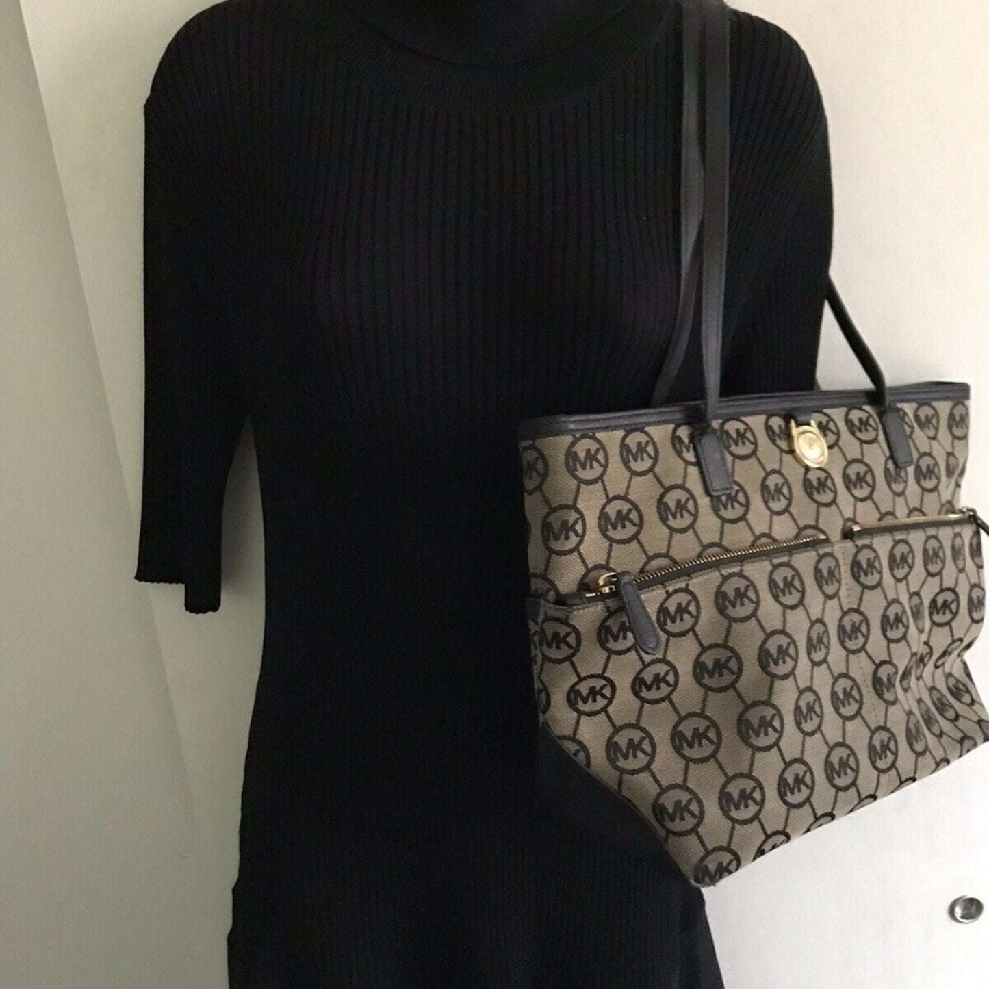 MICHAEL KORS Brown/Black Allover MK Logo Canvas To