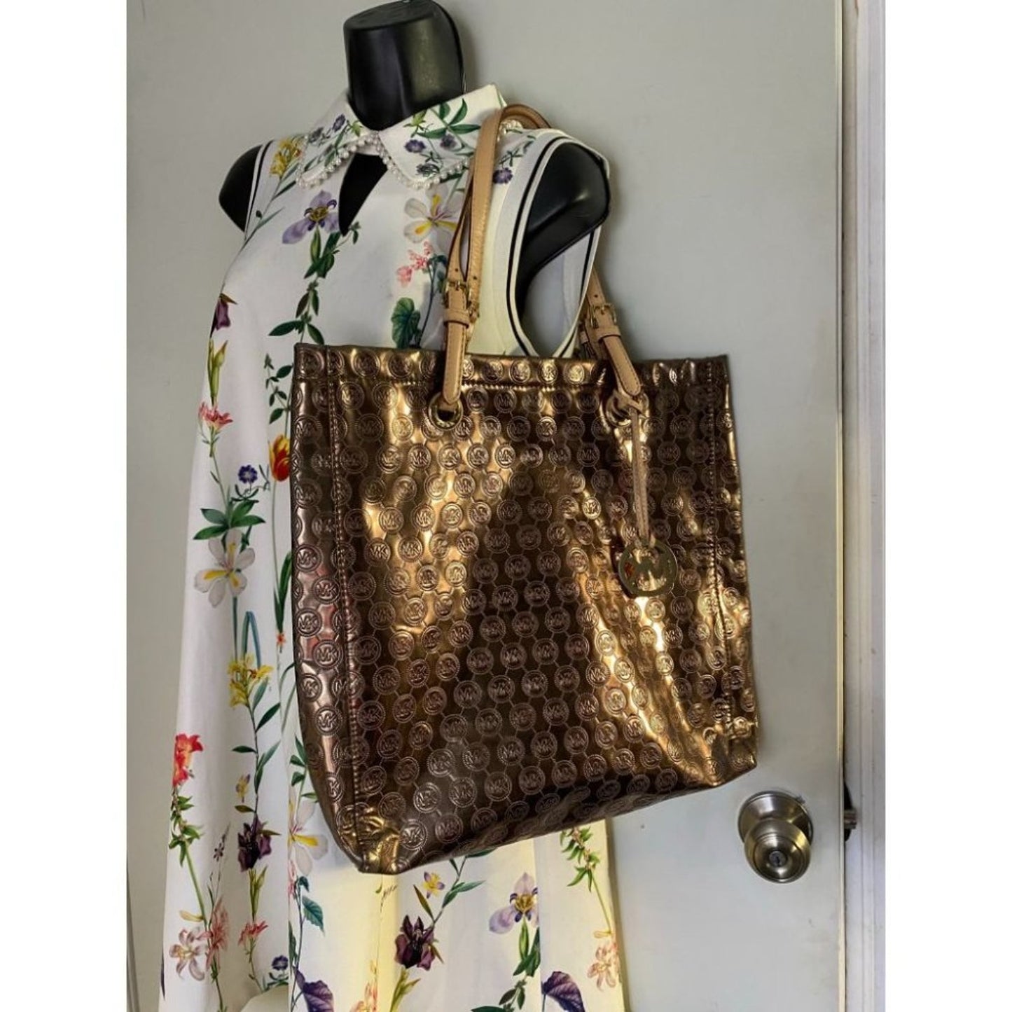 Michael Kors Brown Gold Patent Leather Tote Bag