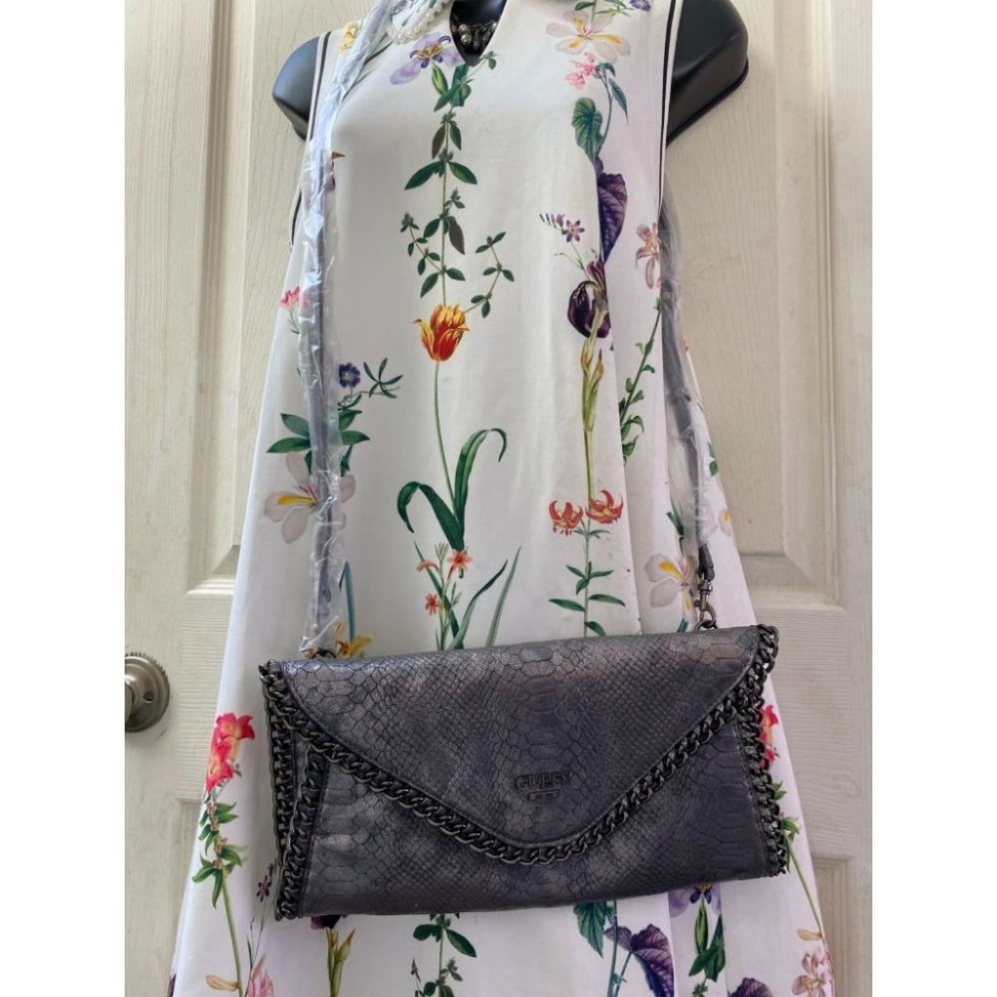 Guess Gray Snakeskin Faux Leather Shoulder Bag