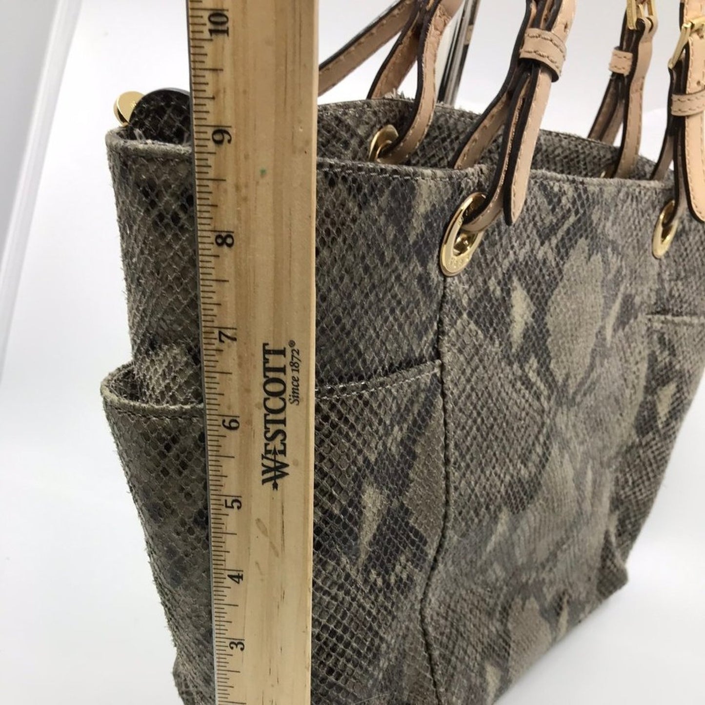 Michael Kors Gray Tan Snake Print Leather Tote Bag