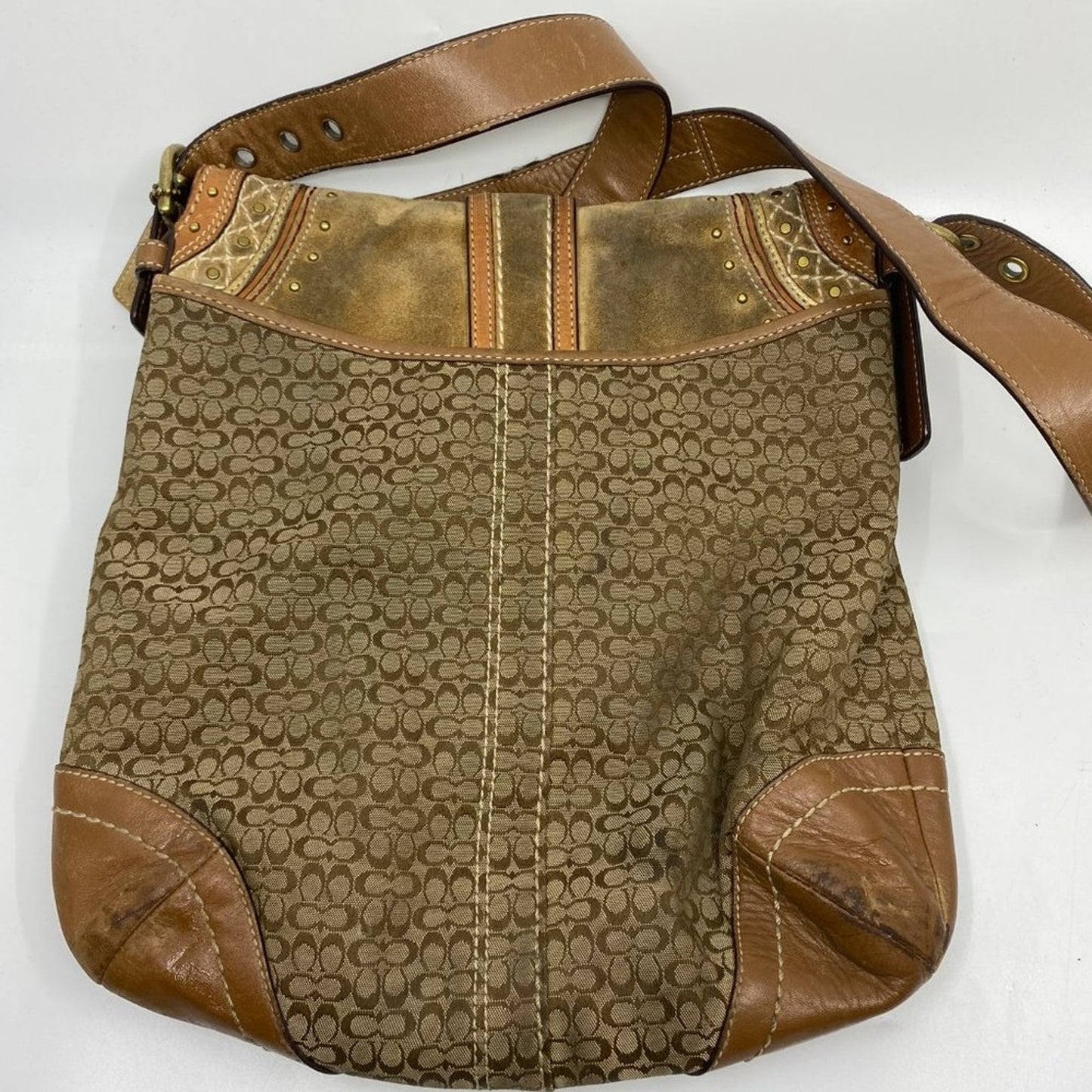 COACH XL Tan Brown Jacquard Fabric Crossbody Bag
