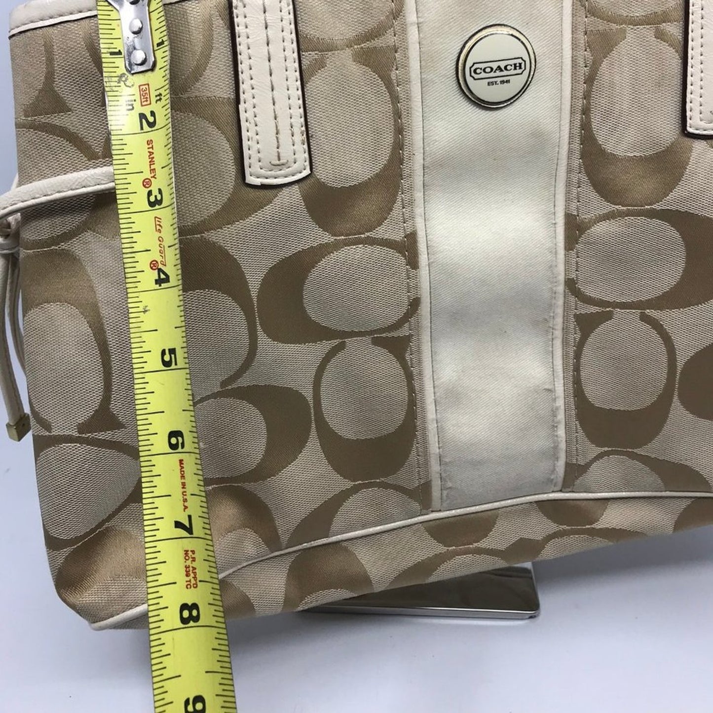 Coach Tan Cream Medium Fabric Shoppers Tote Bag