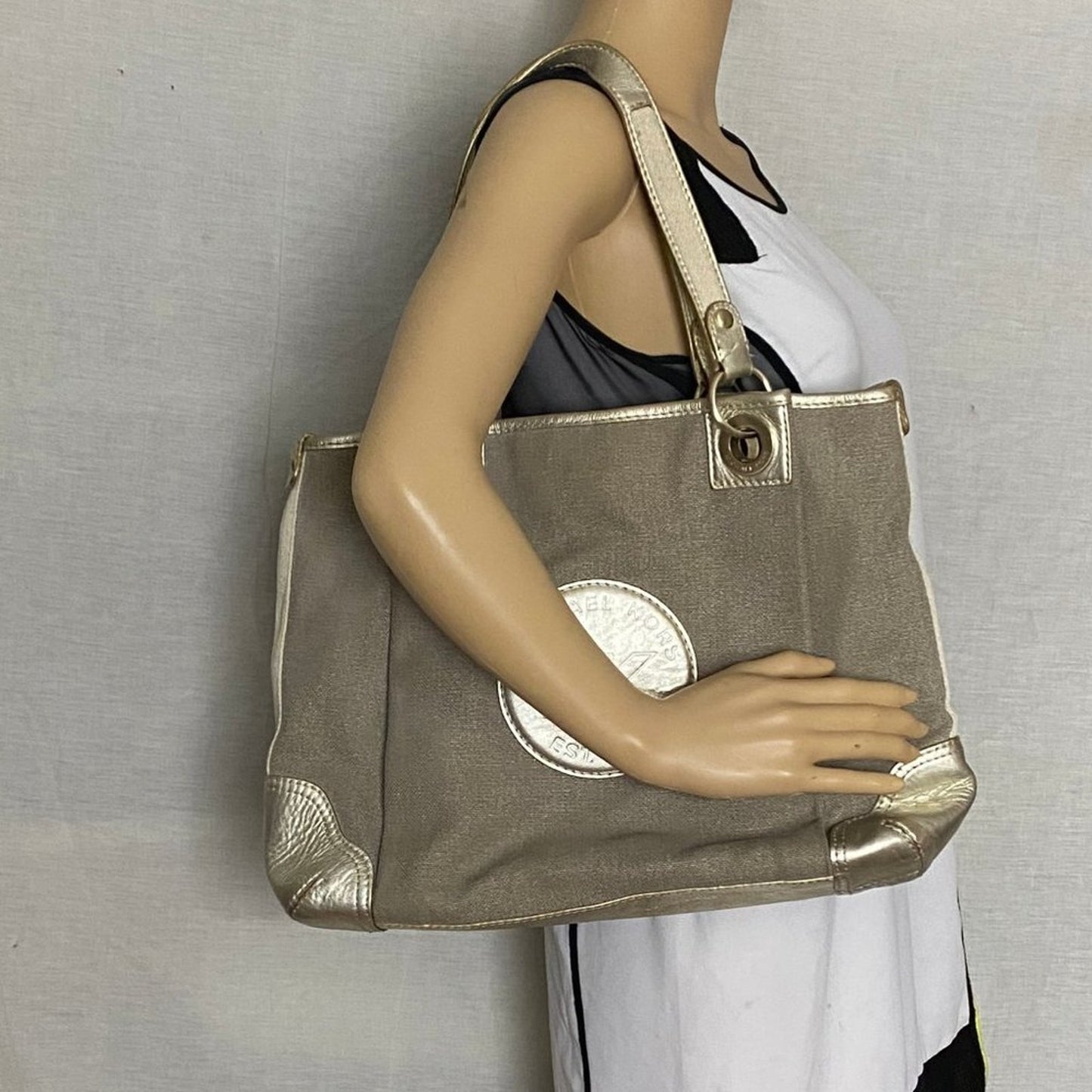 Michael Kors M Tan Interwoven Canvas Shoulder Bag
