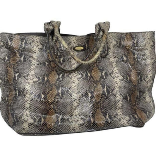 Elie Tahari Snake Print Brown Beige Leather Shoulder Bag
